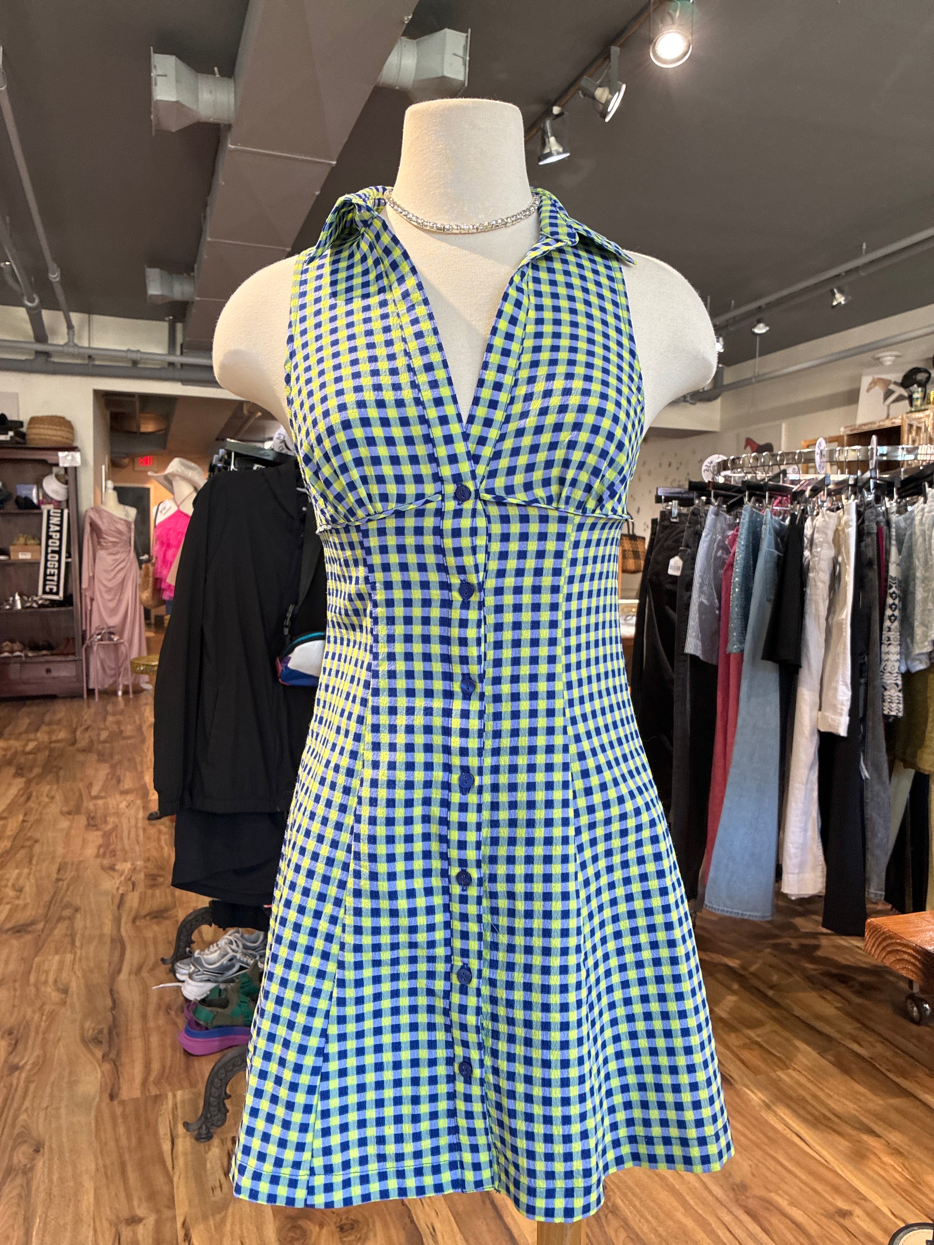 UO Blue & Lime Gingham Dress S