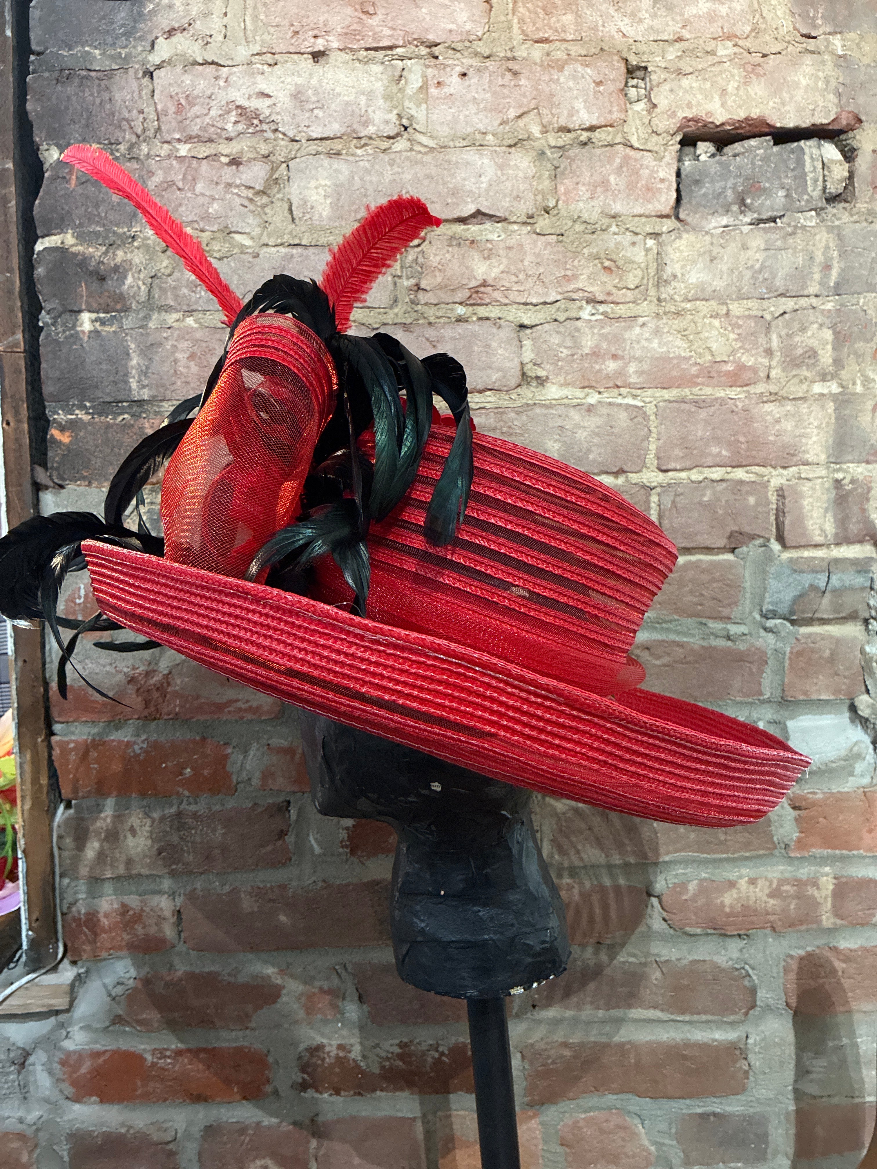 One of a Kind Red Derby Hat with Black Feathers