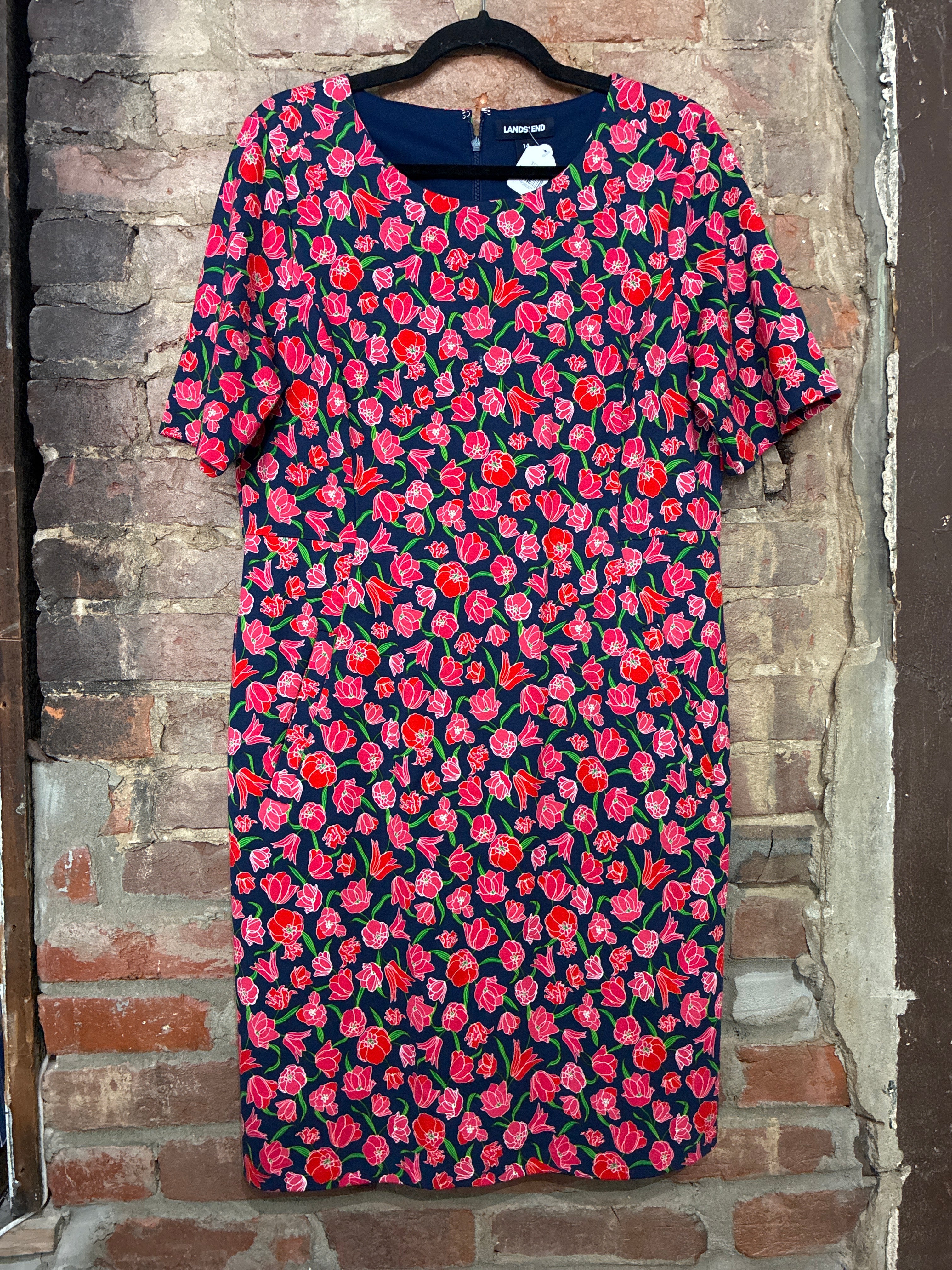 Lands End Navy Blue Floral Sheath Dress -14