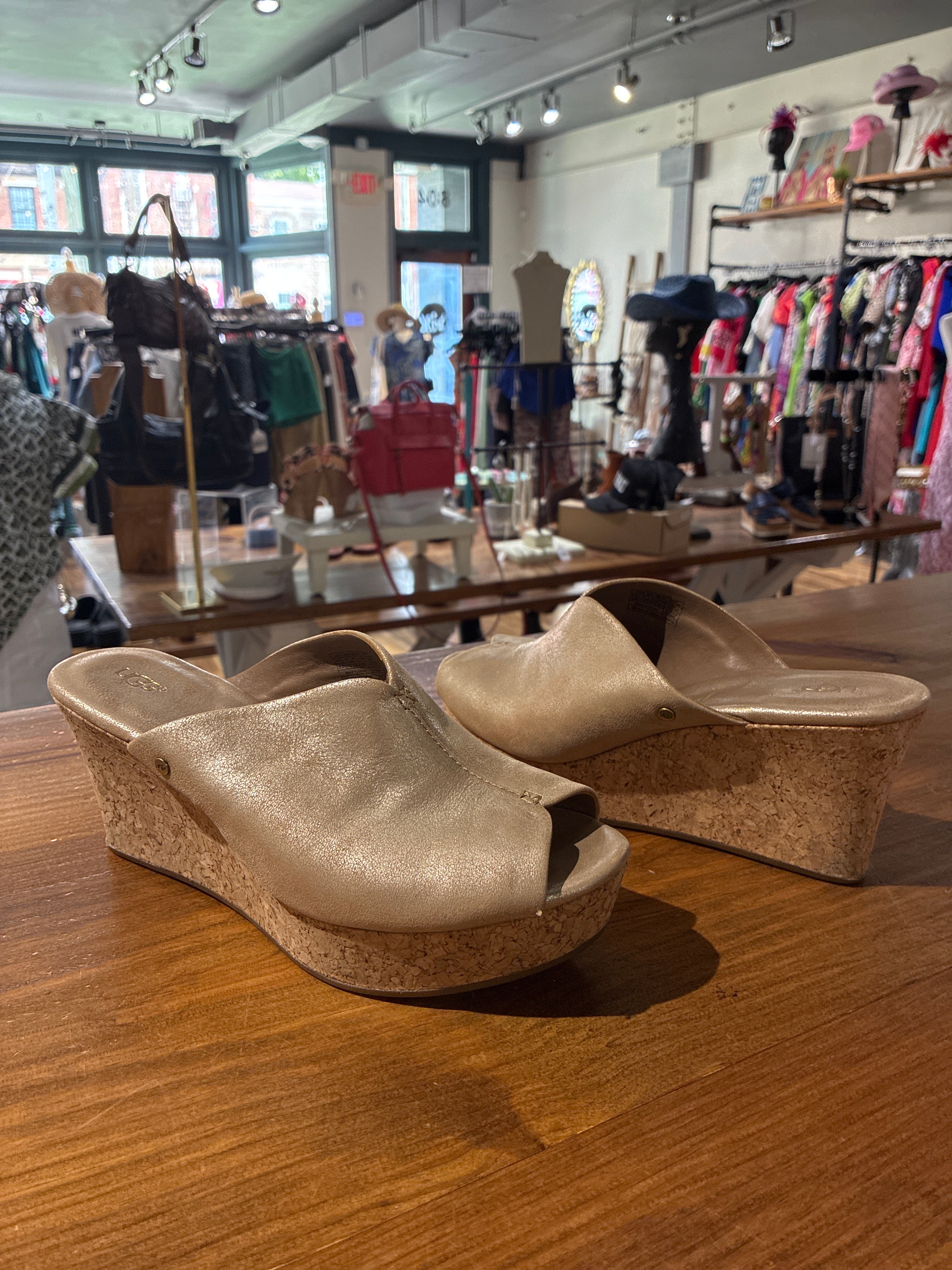 UGG Tan Metallic Slip On Wedge 8.5