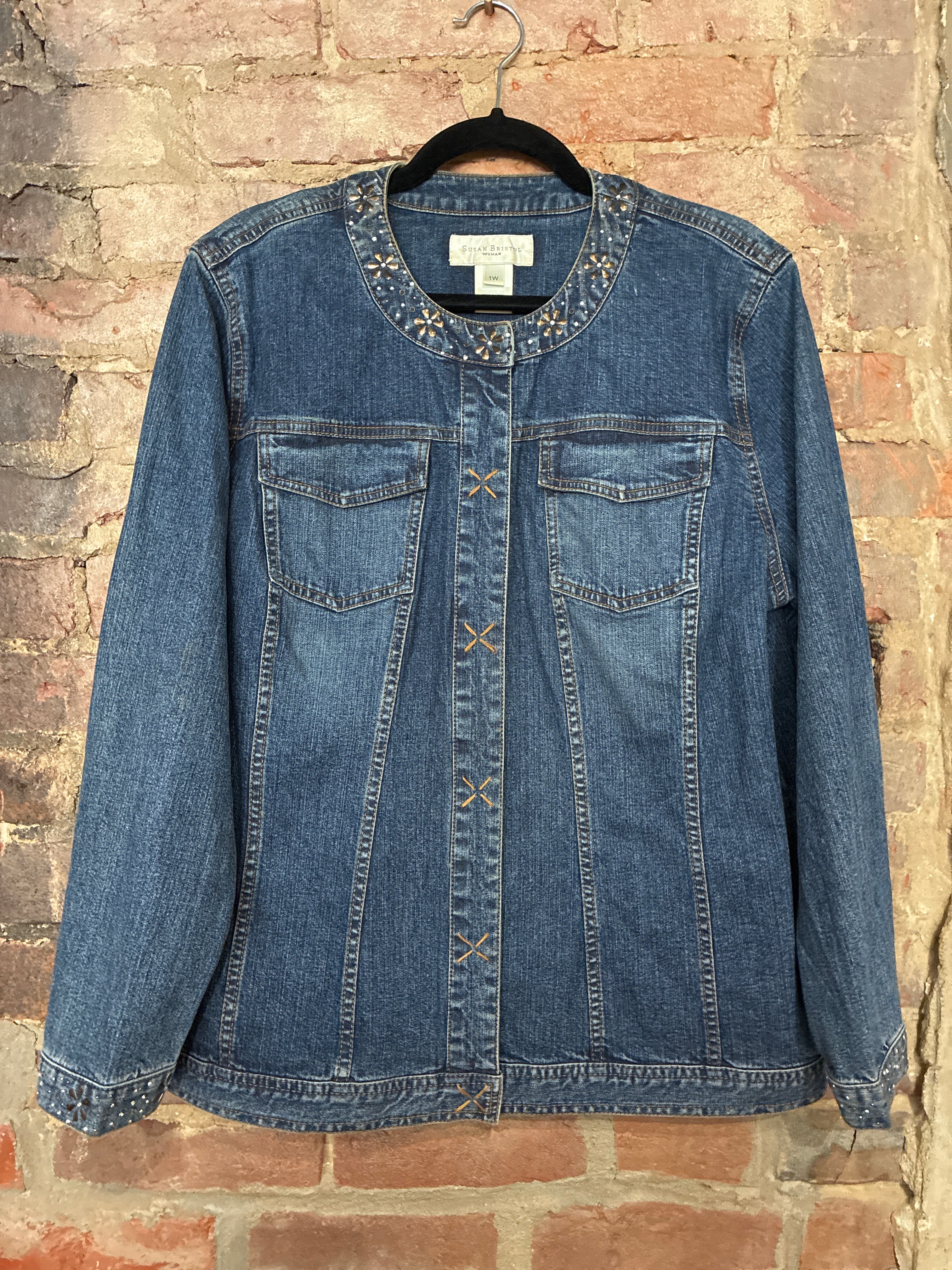 Collarless Denim Jacket Metal Floral Embellishments XL