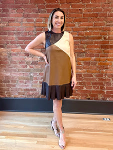 Brown Color Block Faux Leather Dress