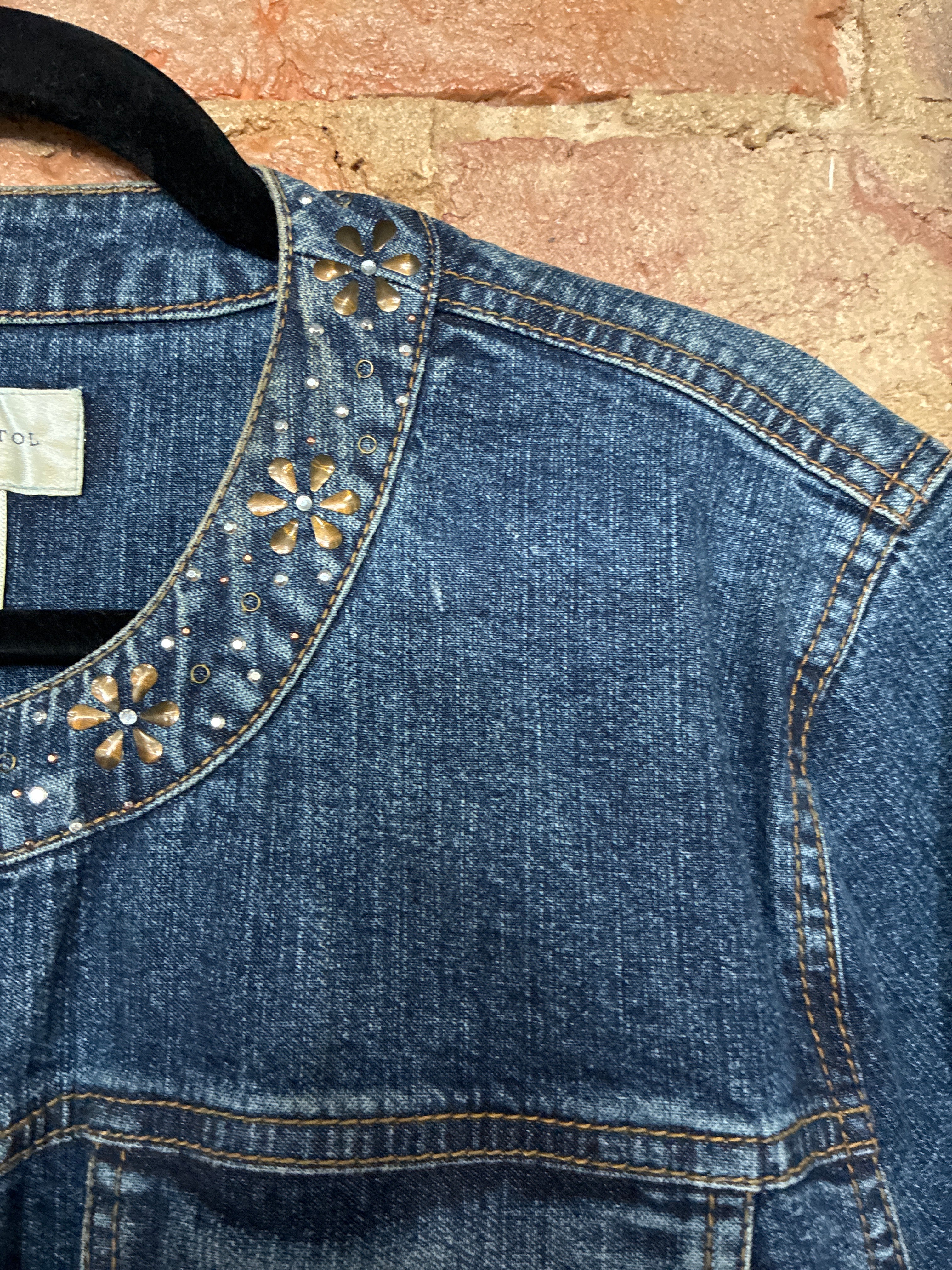 Collarless Denim Jacket Metal Floral Embellishments XL