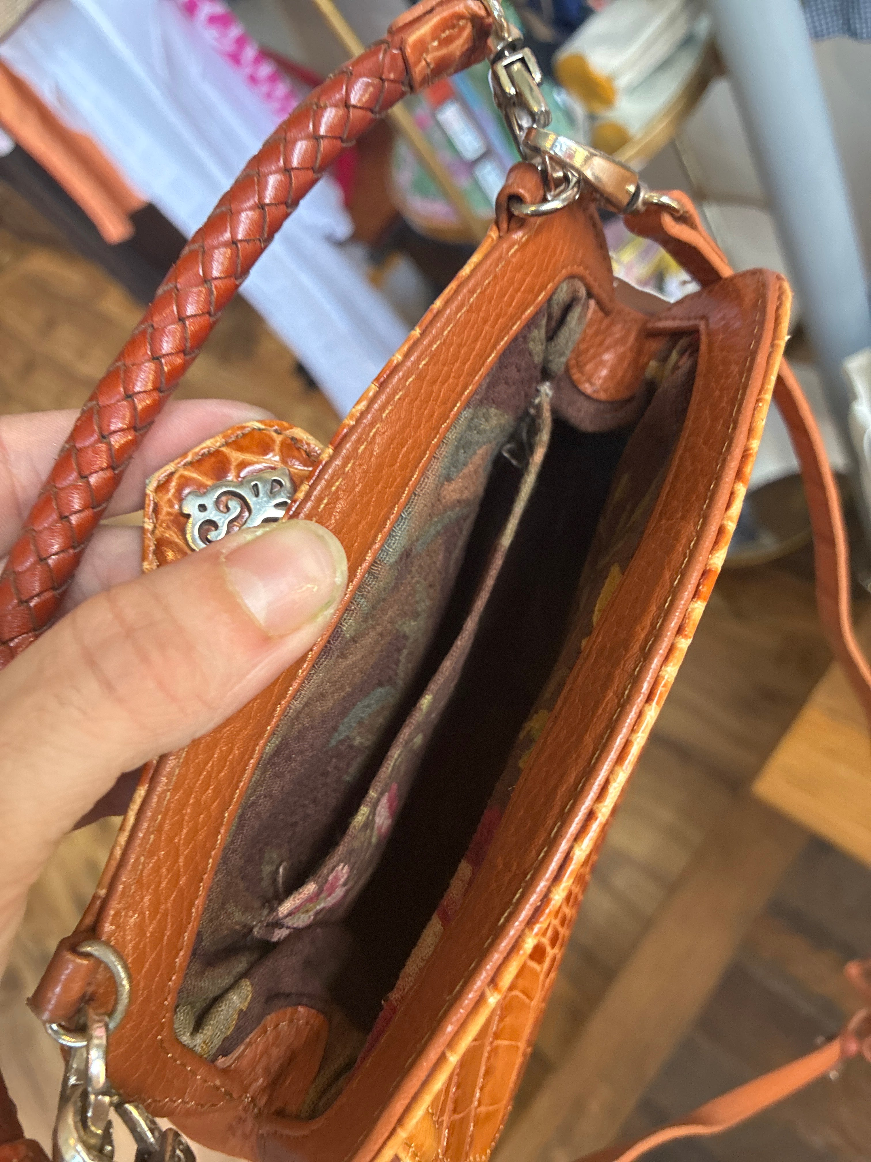 Brighton Brown Croc-Embossed Crossbody With Braided Top Handle