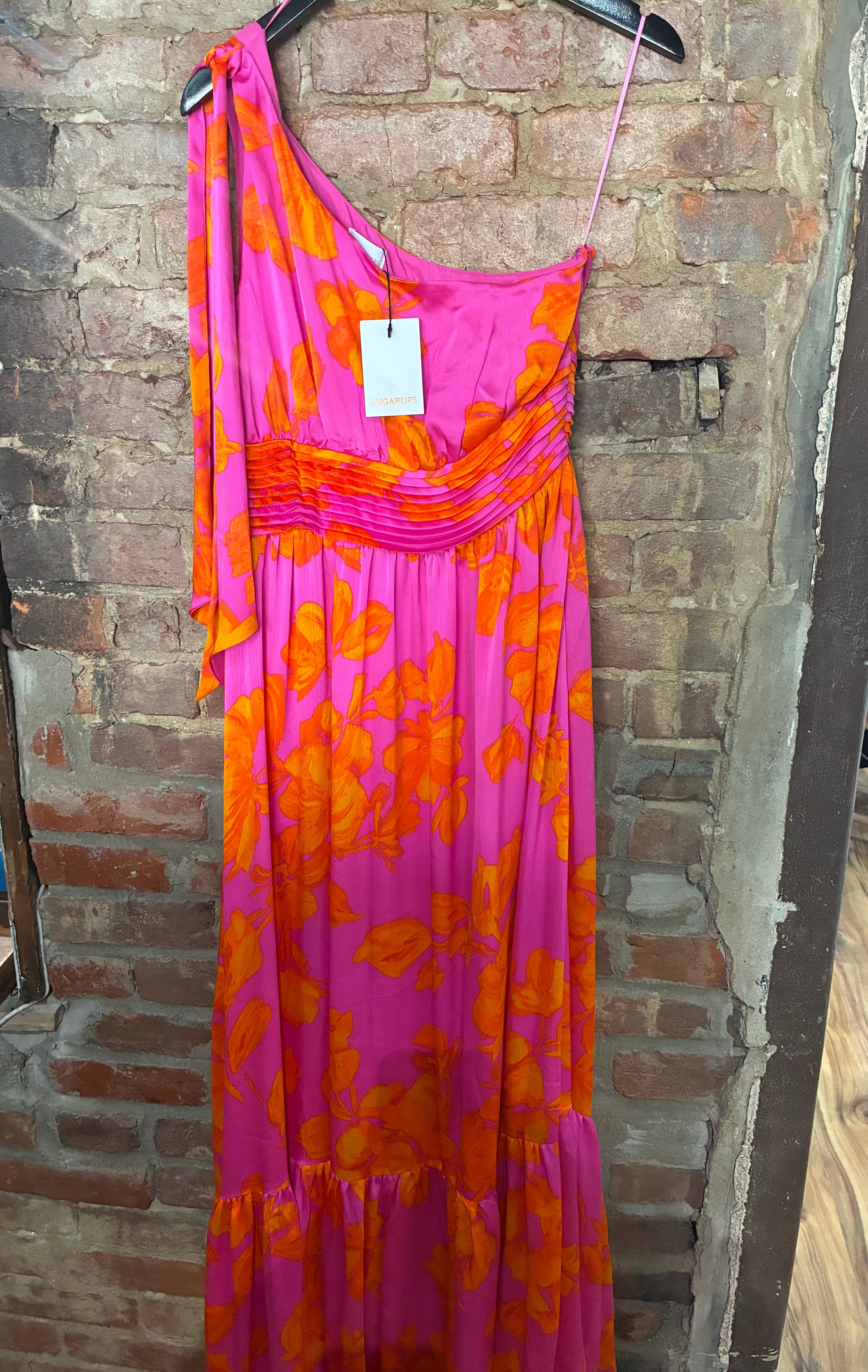 NWT One Shoulder Pink and Orange Maxi Dress