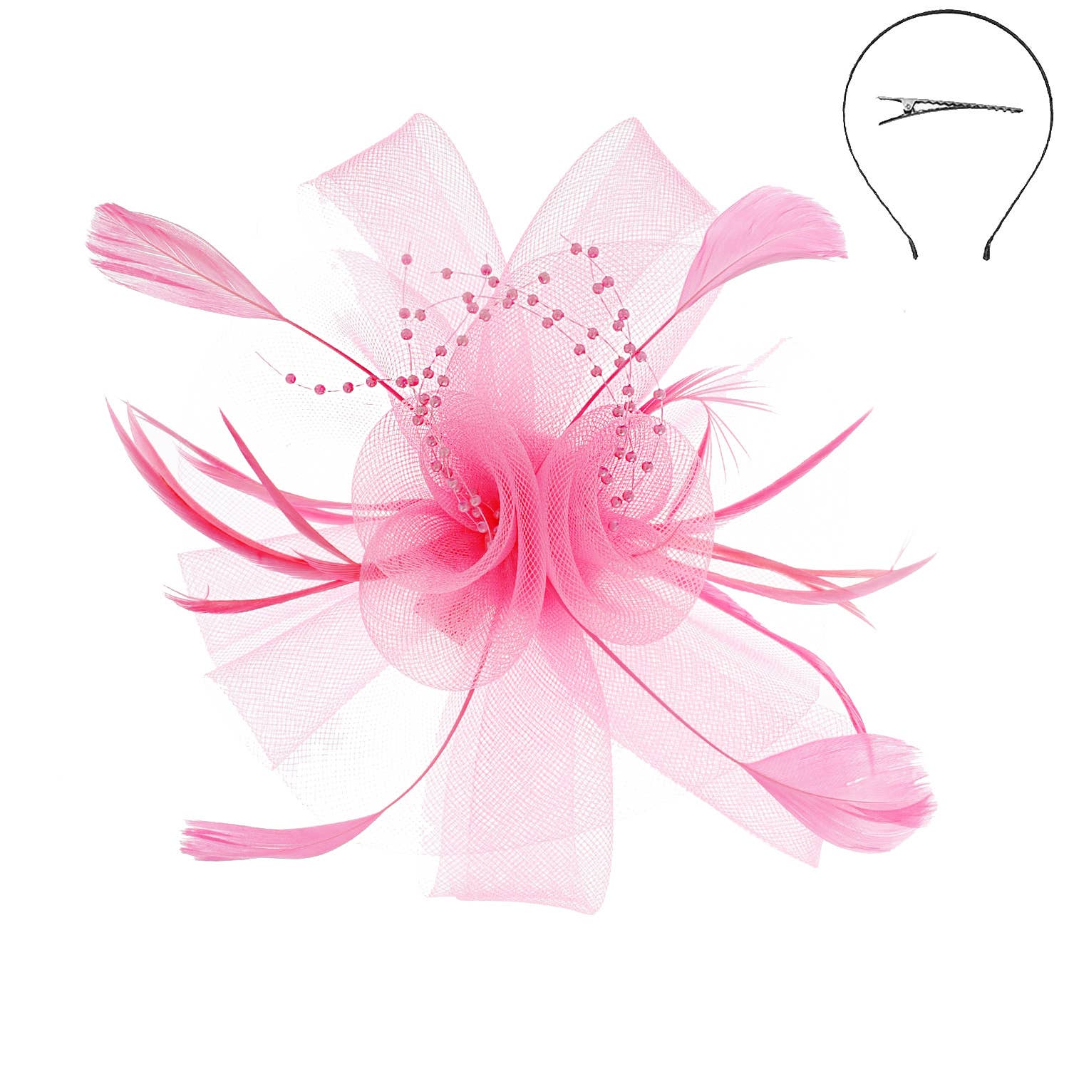 Feather & Double Floral Mesh Fascinator Headband/Clip