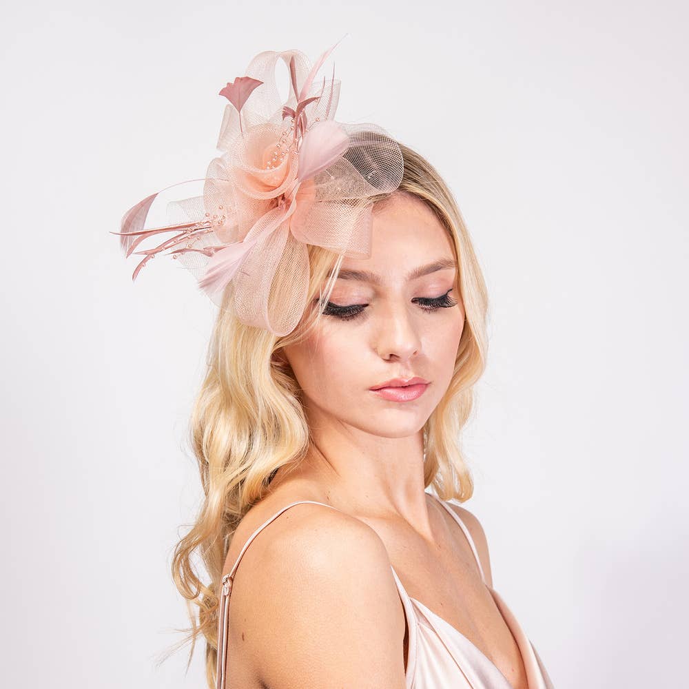 Feather & Double Floral Mesh Fascinator Headband/Clip