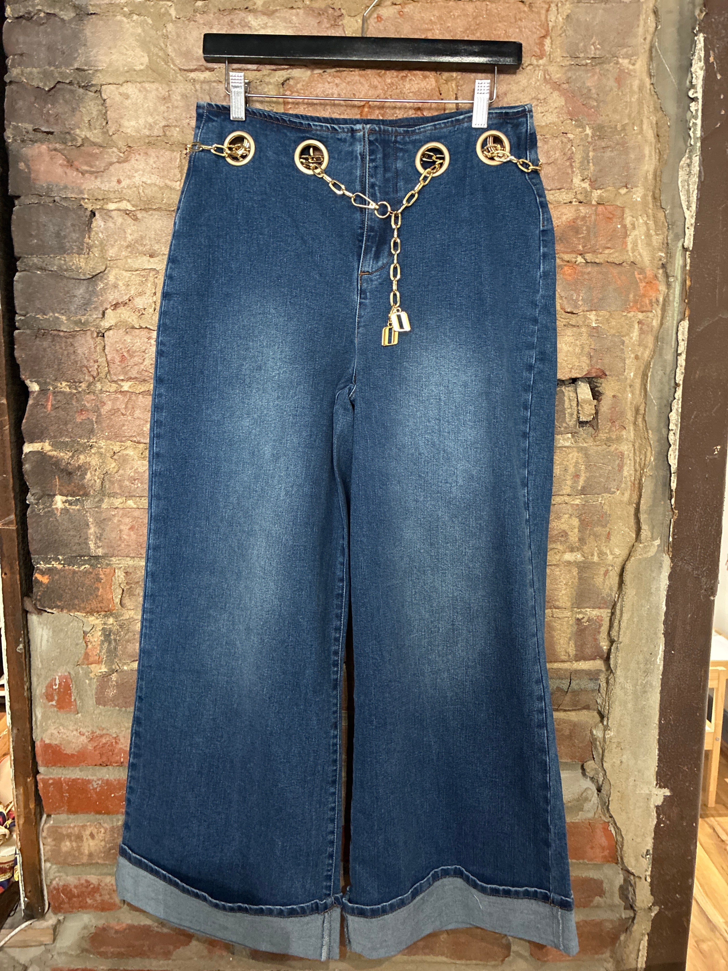 Gold Belted Wide Leg Jeans M