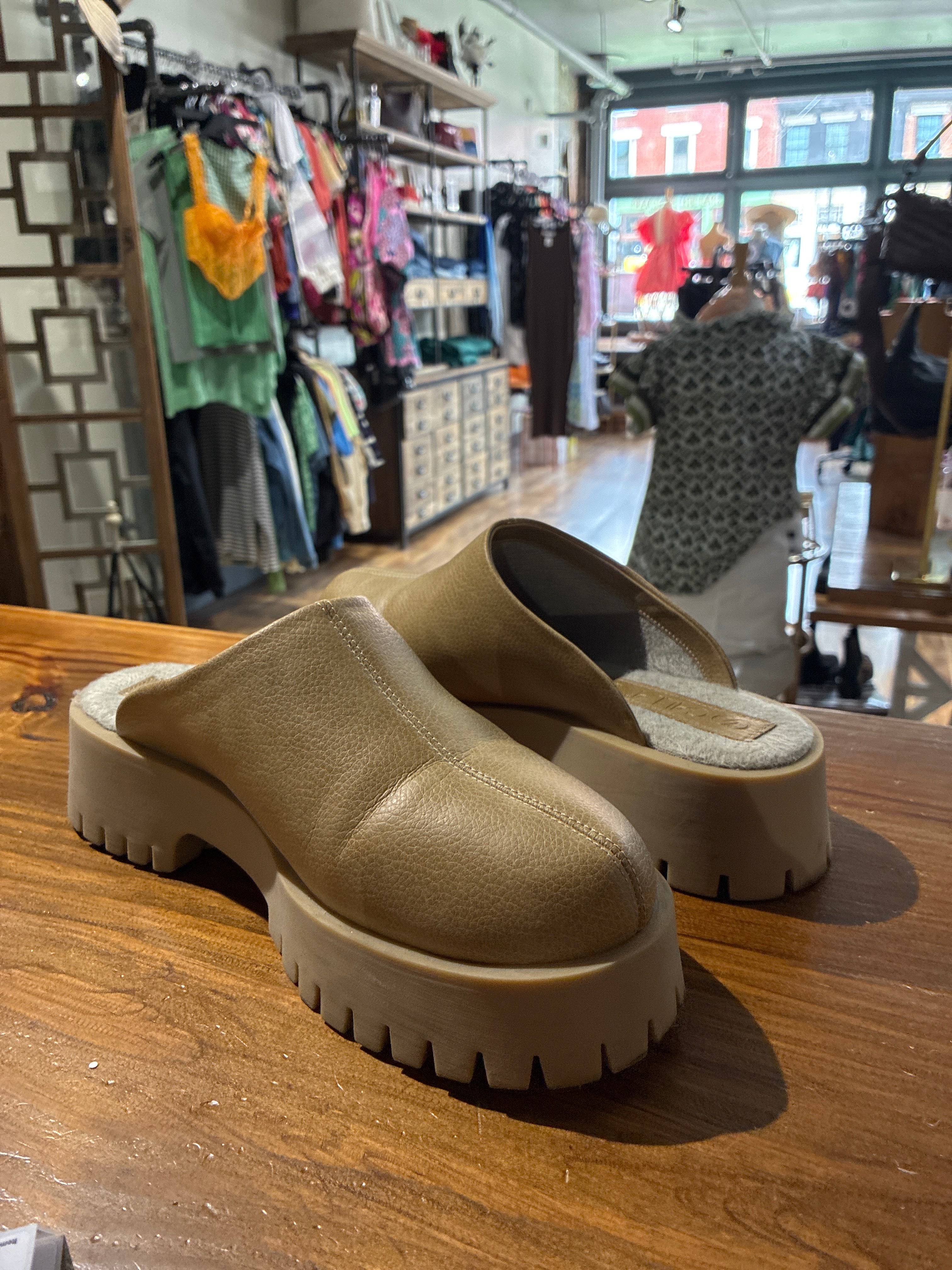 CALIA Platform Mules in Tan- 10