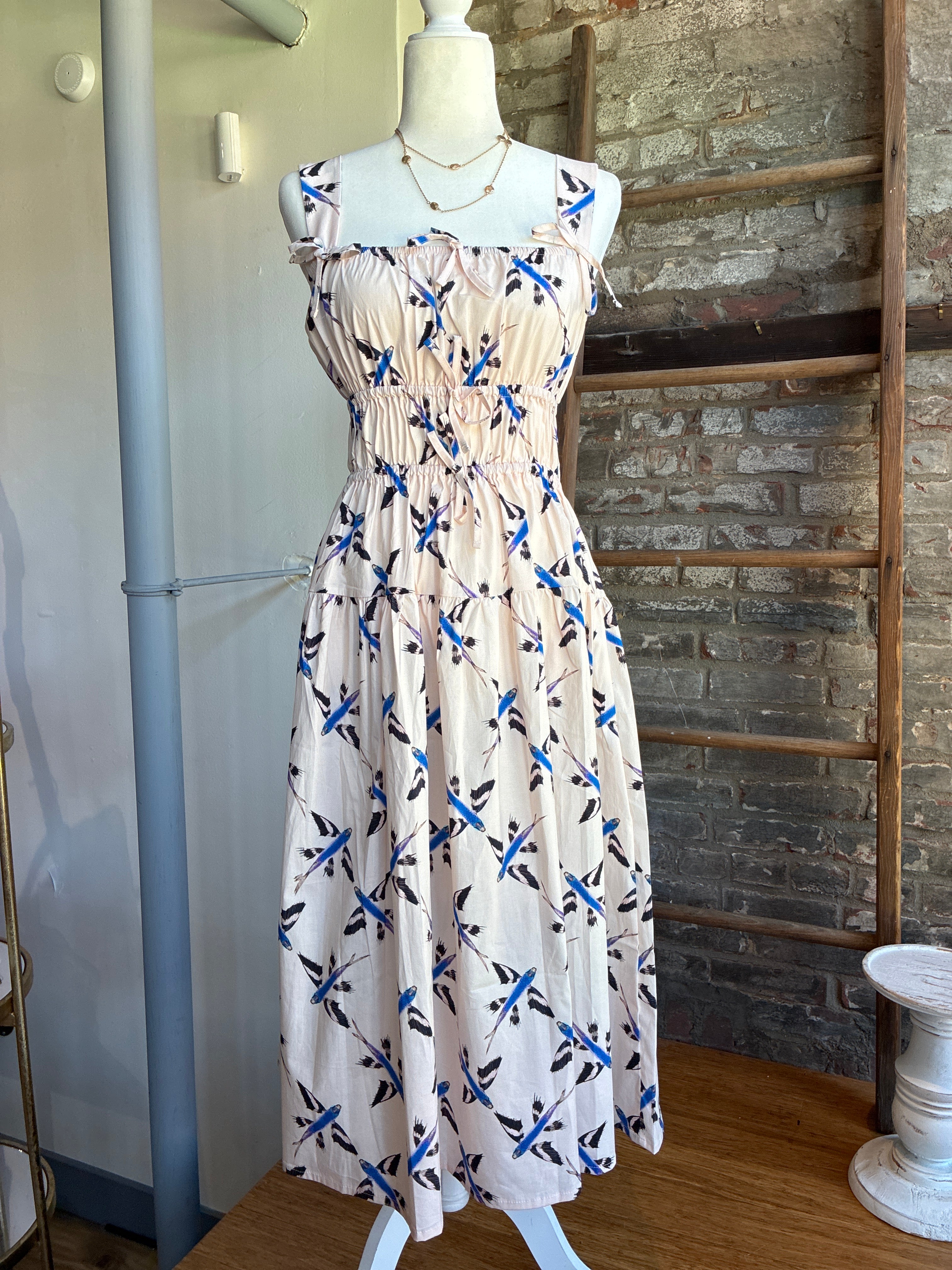 Lulo Project Blue Fish Tiered Midi Dress M