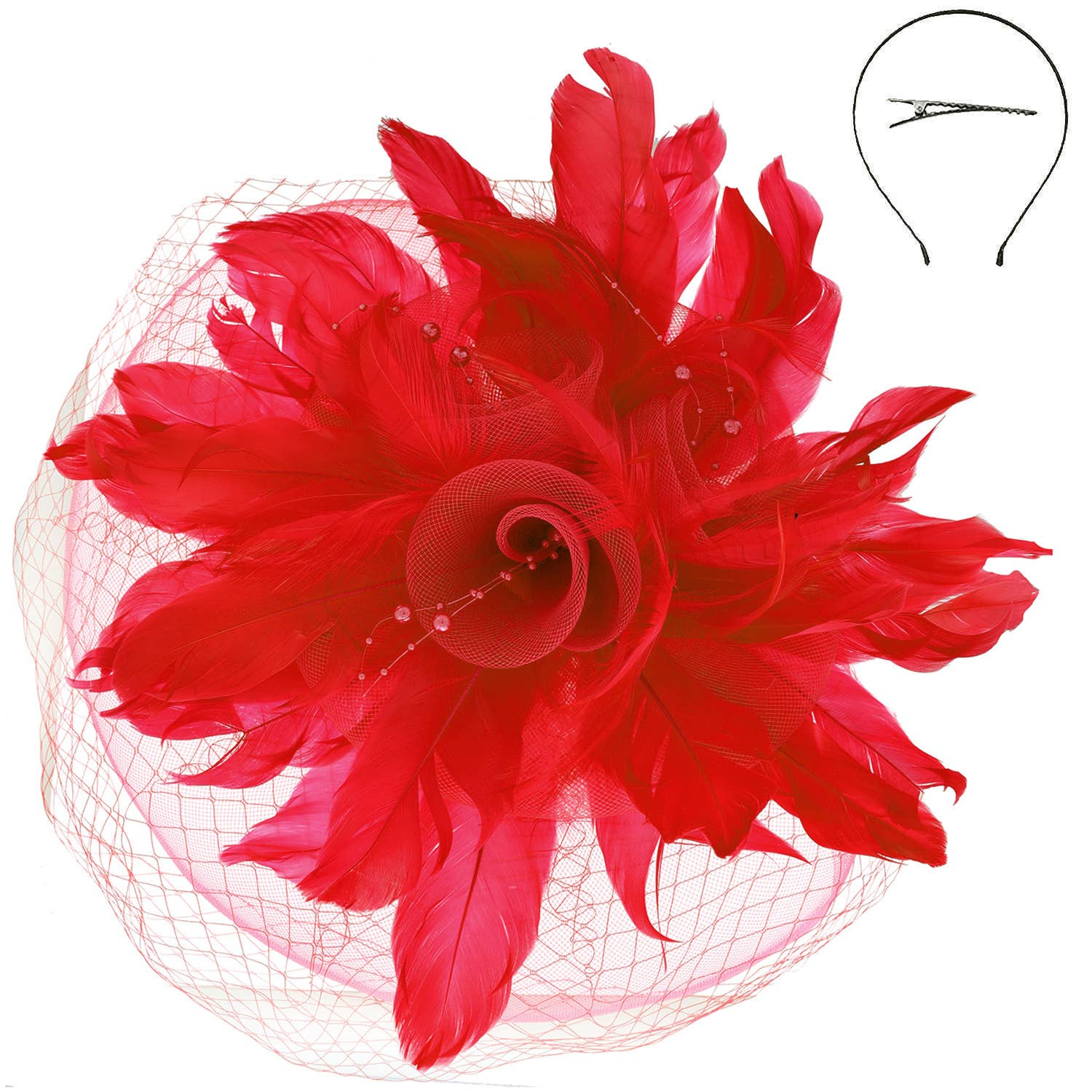 Feather & Flower Bouquet w/ Netted Mesh Fascinator Headband