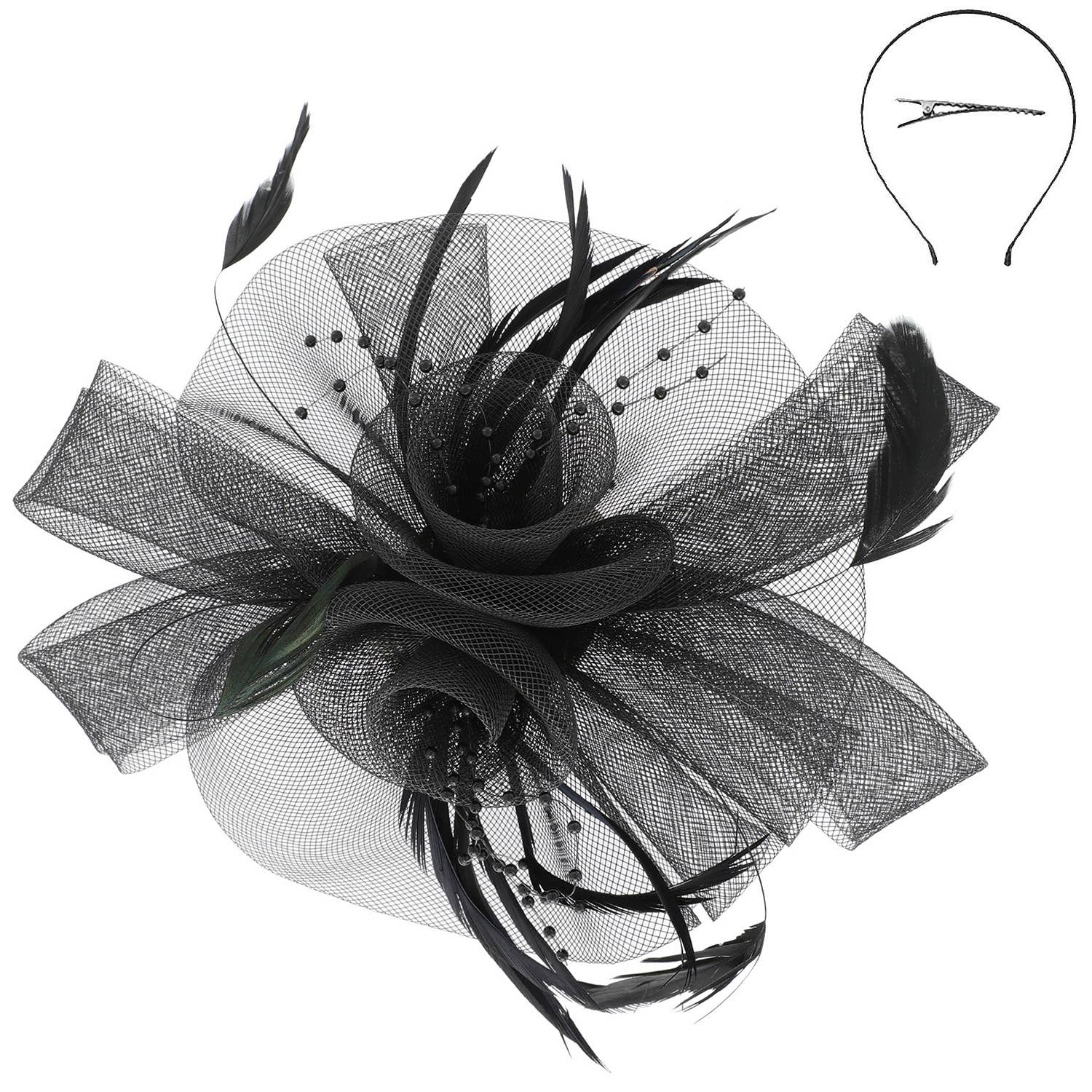 Feather & Double Floral Mesh Fascinator Headband/Clip