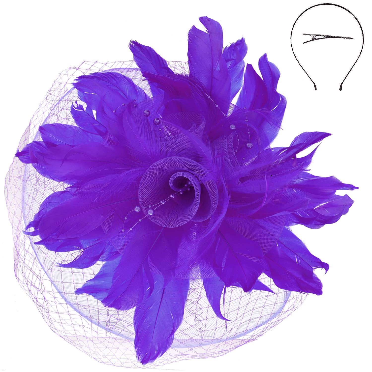 Feather & Flower Bouquet w/ Netted Mesh Fascinator Headband