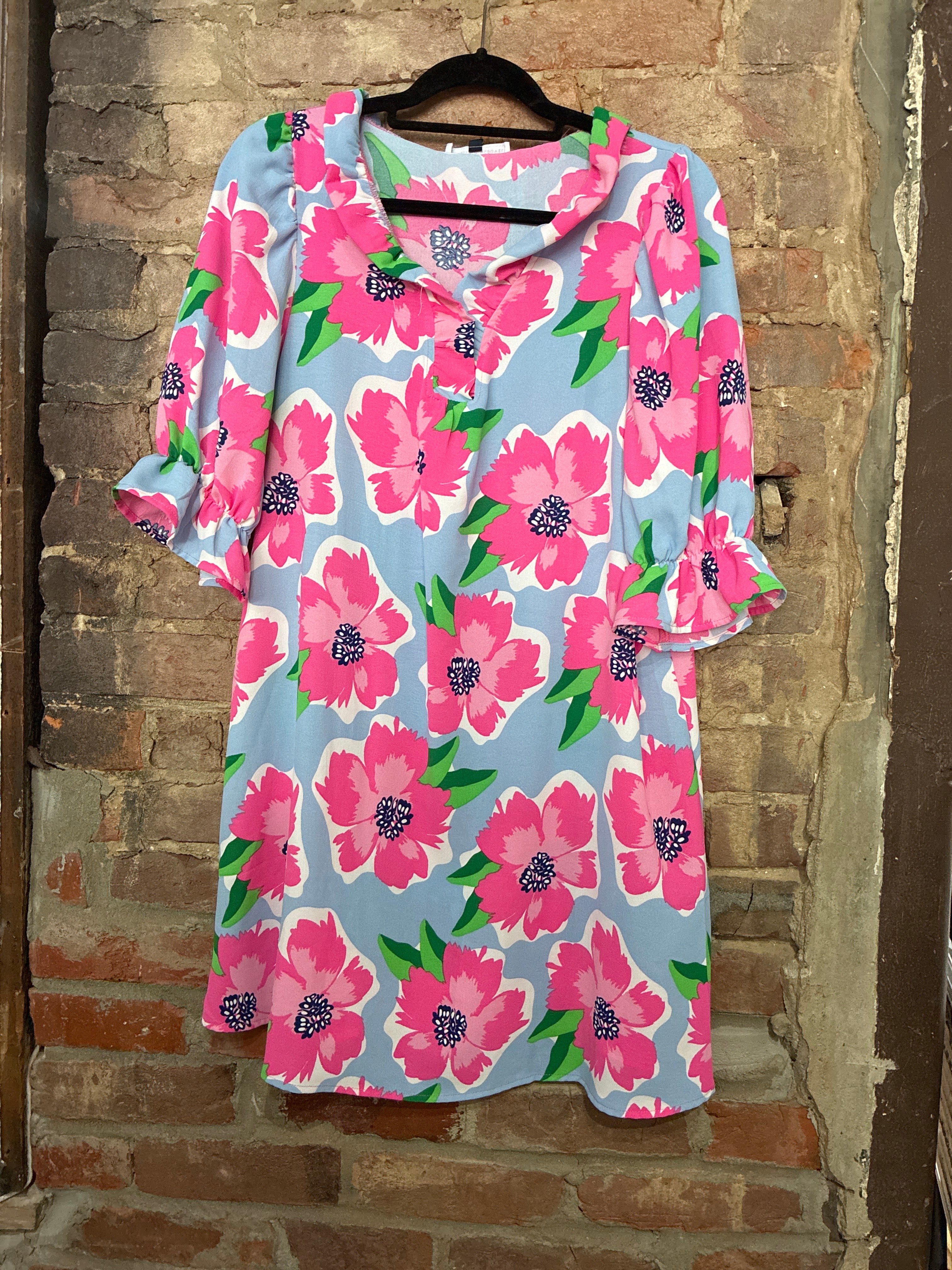 Floral Print Ruffle Shift Dress - Small