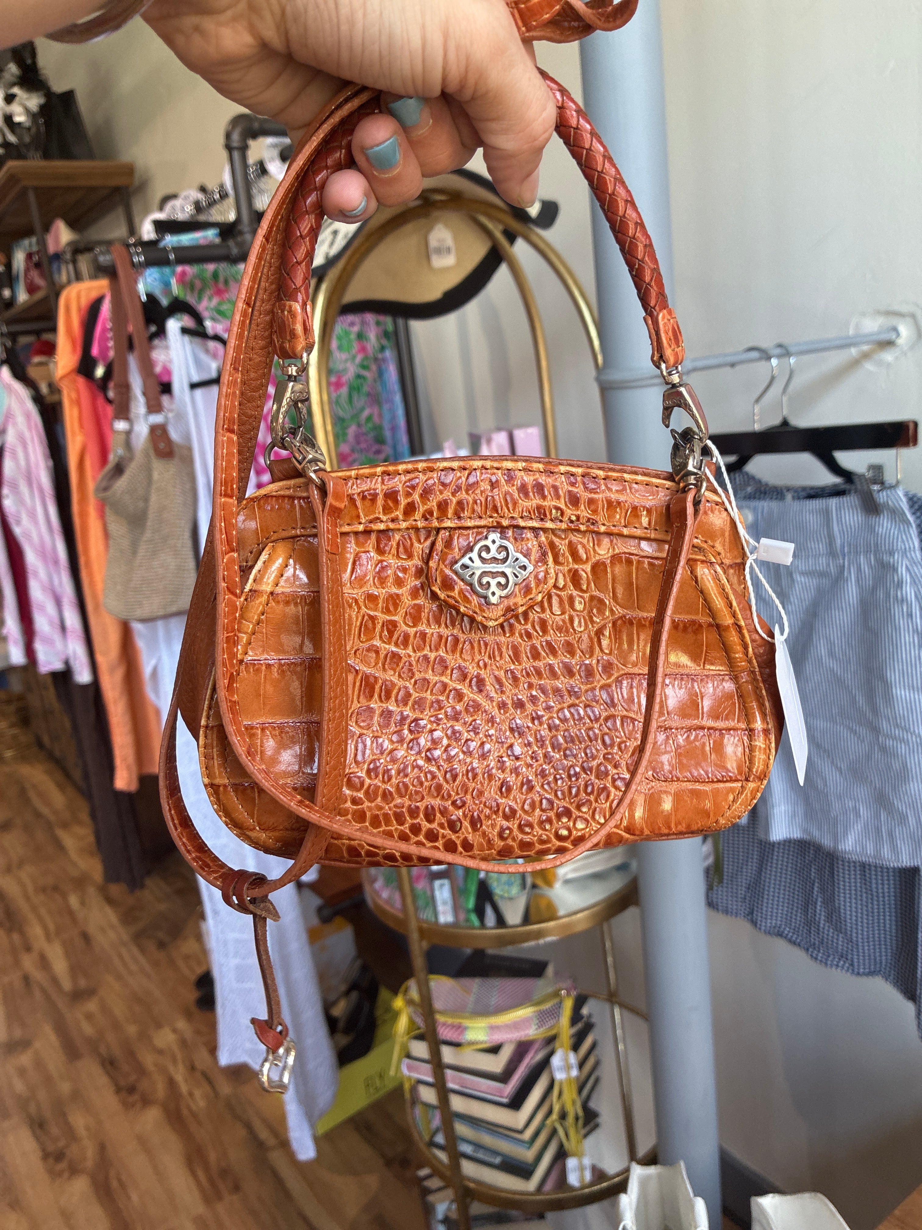 Brighton Brown Croc-Embossed Crossbody With Braided Top Handle