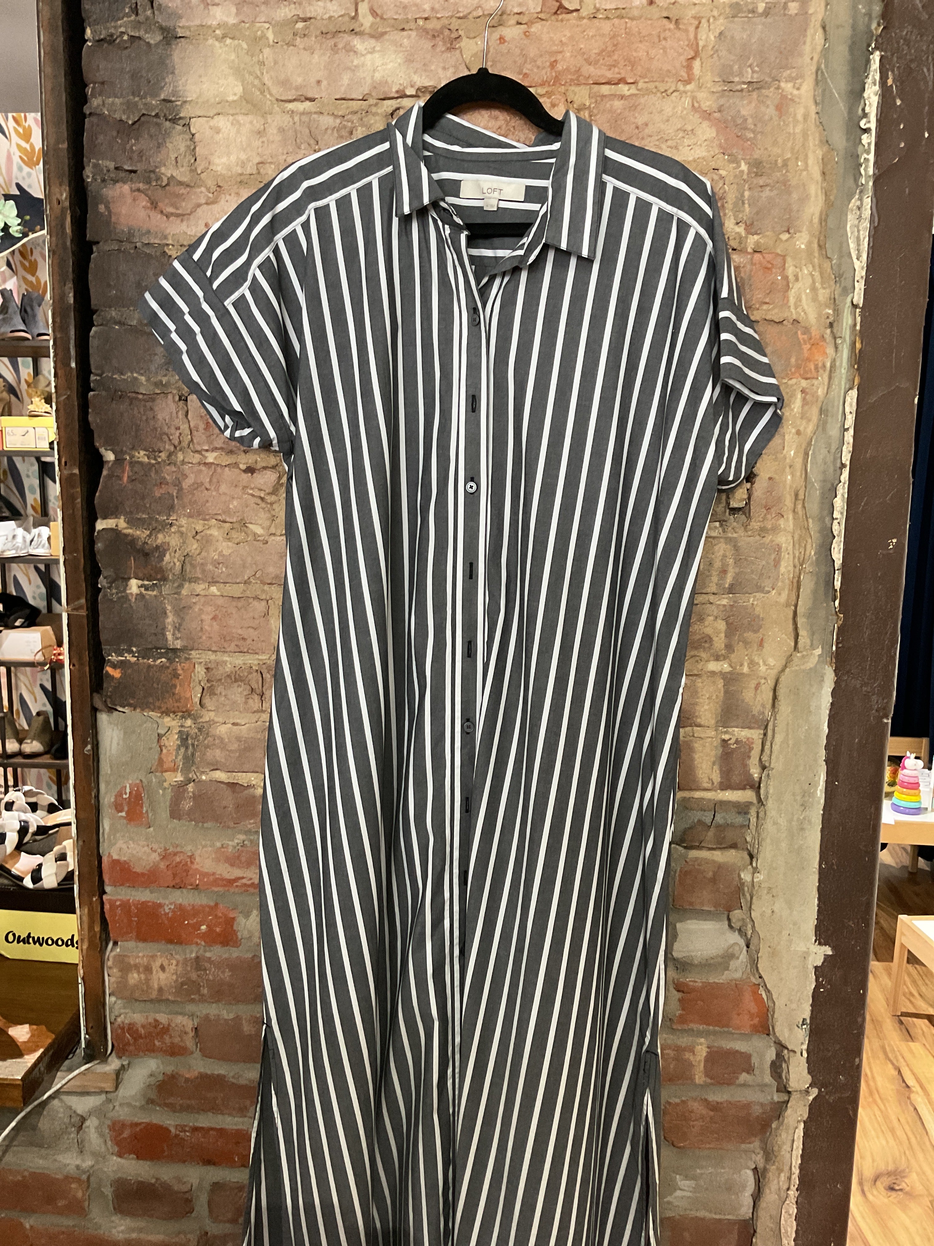 LOFT Grey & White Stripe Maxi Shirt Dress - 14