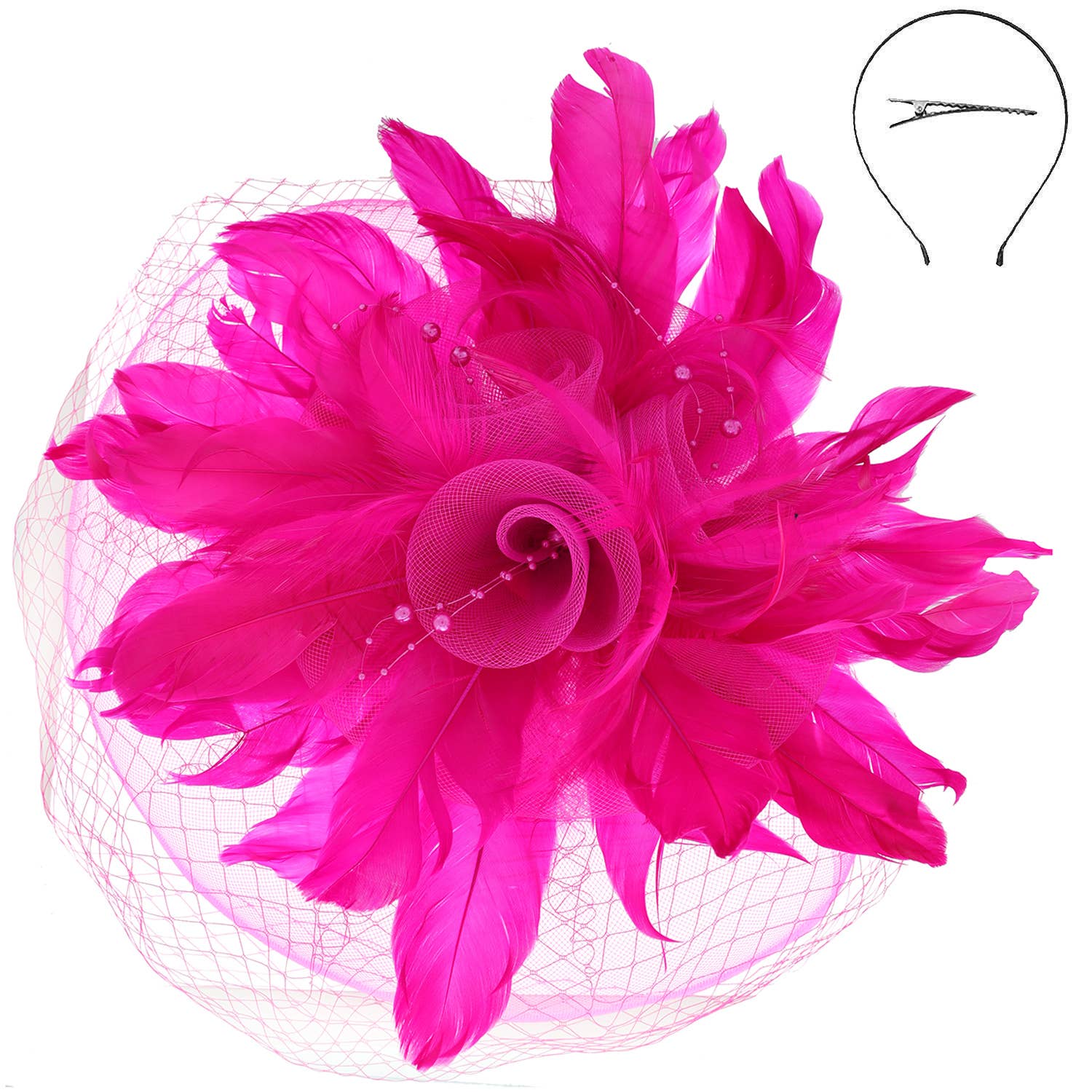 Feather & Flower Bouquet w/ Netted Mesh Fascinator Headband