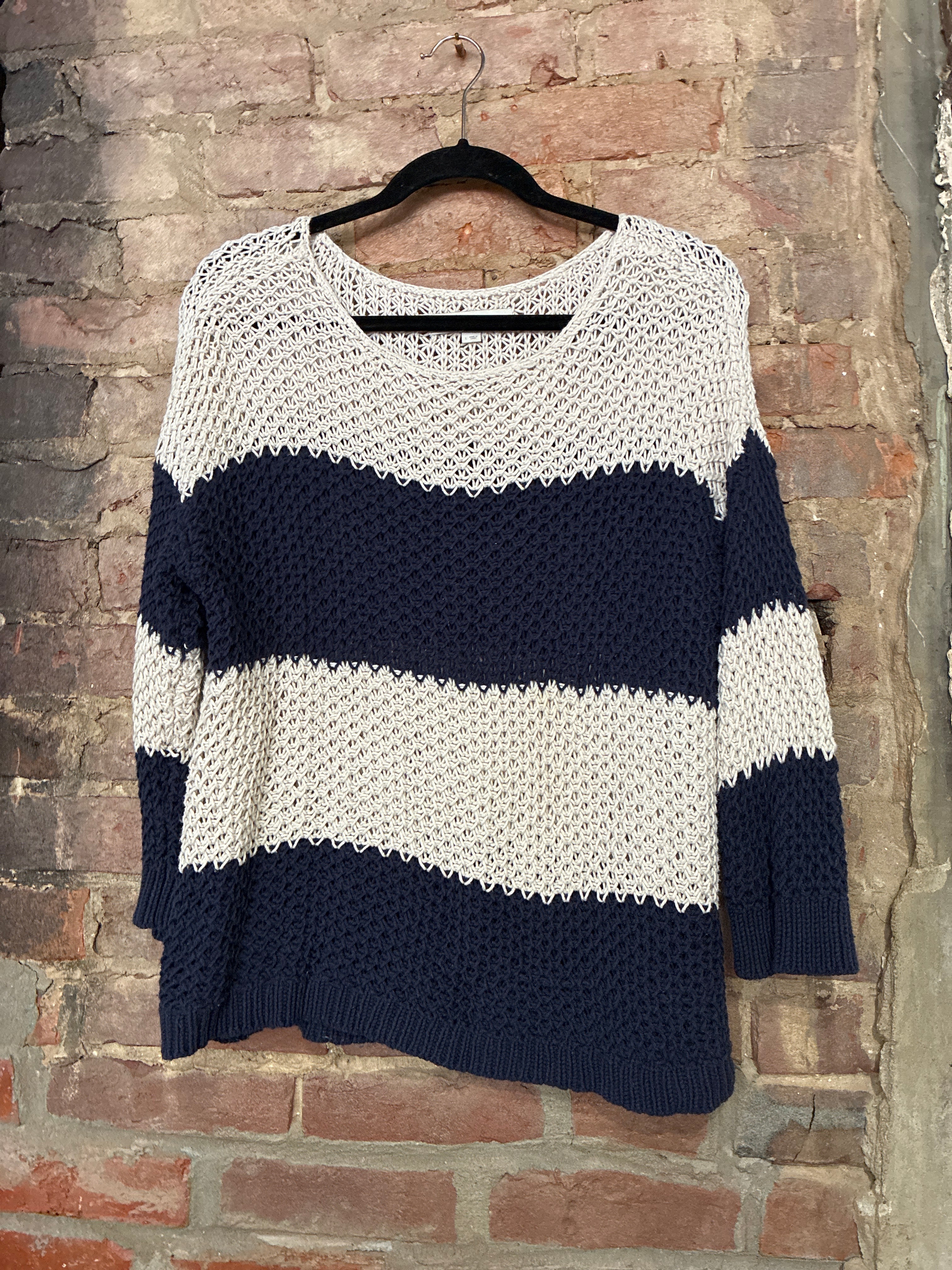LOFT Navy Stripe Crochet Sweater - L