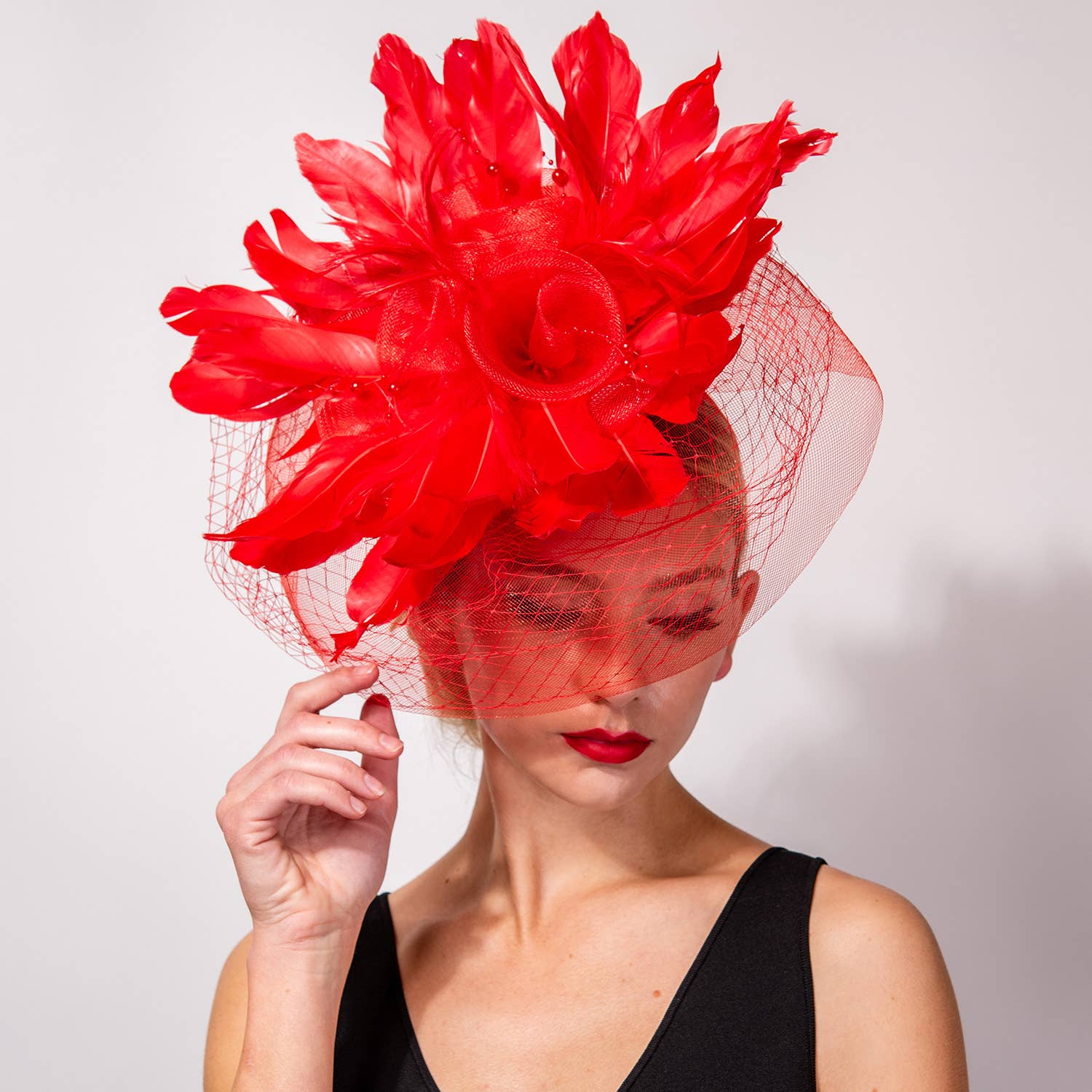 Feather & Flower Bouquet w/ Netted Mesh Fascinator Headband