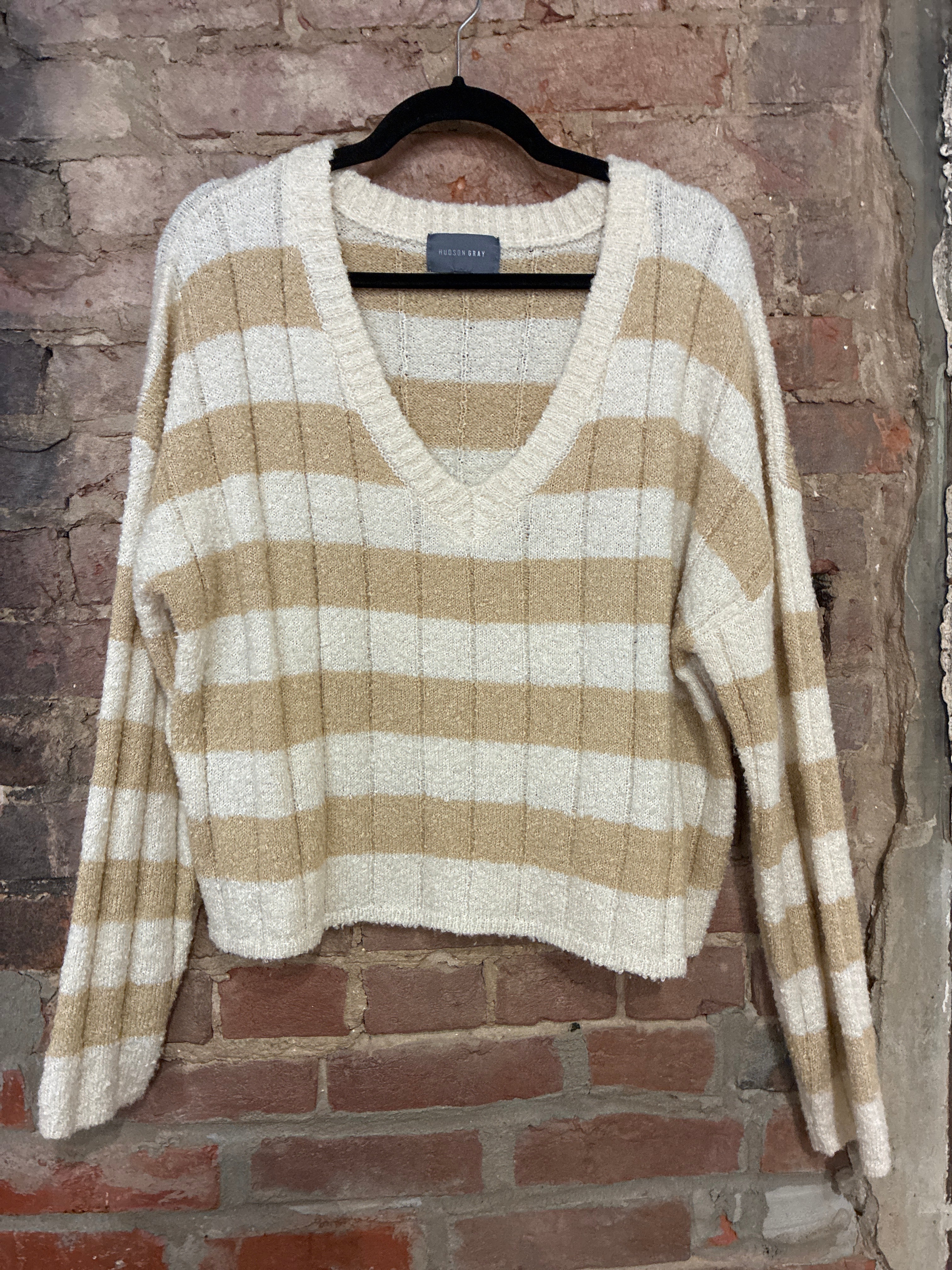 Hudson Gray Cream Striped Sweater L
