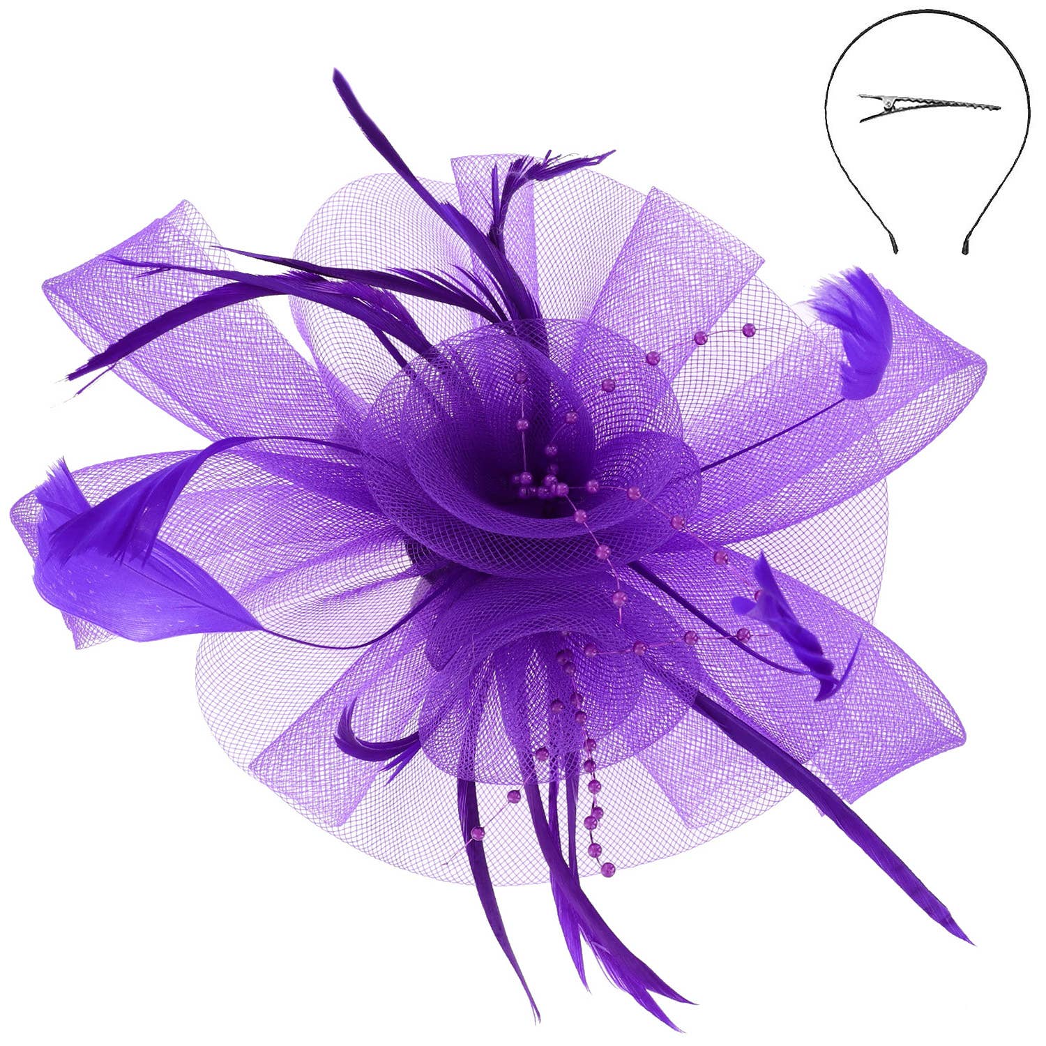 Feather & Double Floral Mesh Fascinator Headband/Clip