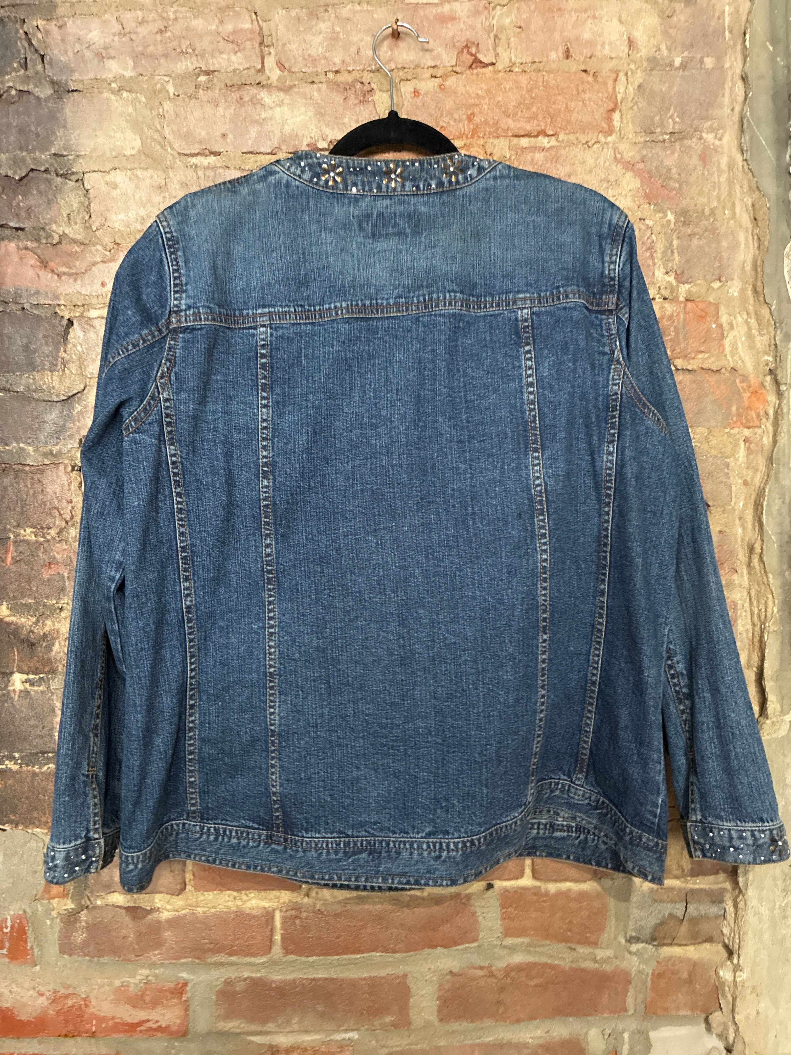 Collarless Denim Jacket Metal Floral Embellishments XL