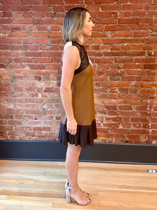 Brown Color Block Faux Leather Dress