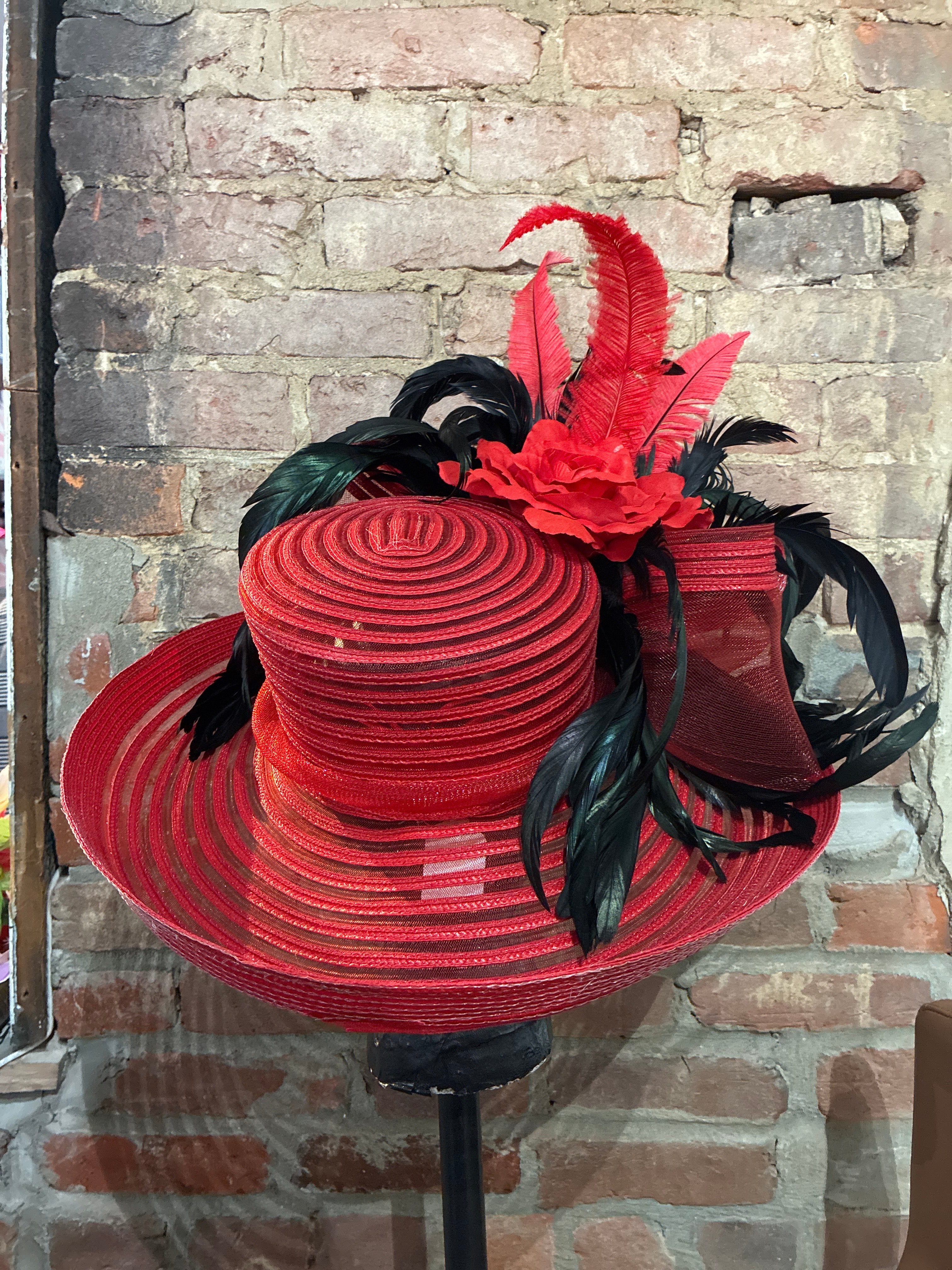 One of a Kind Red Derby Hat with Black Feathers