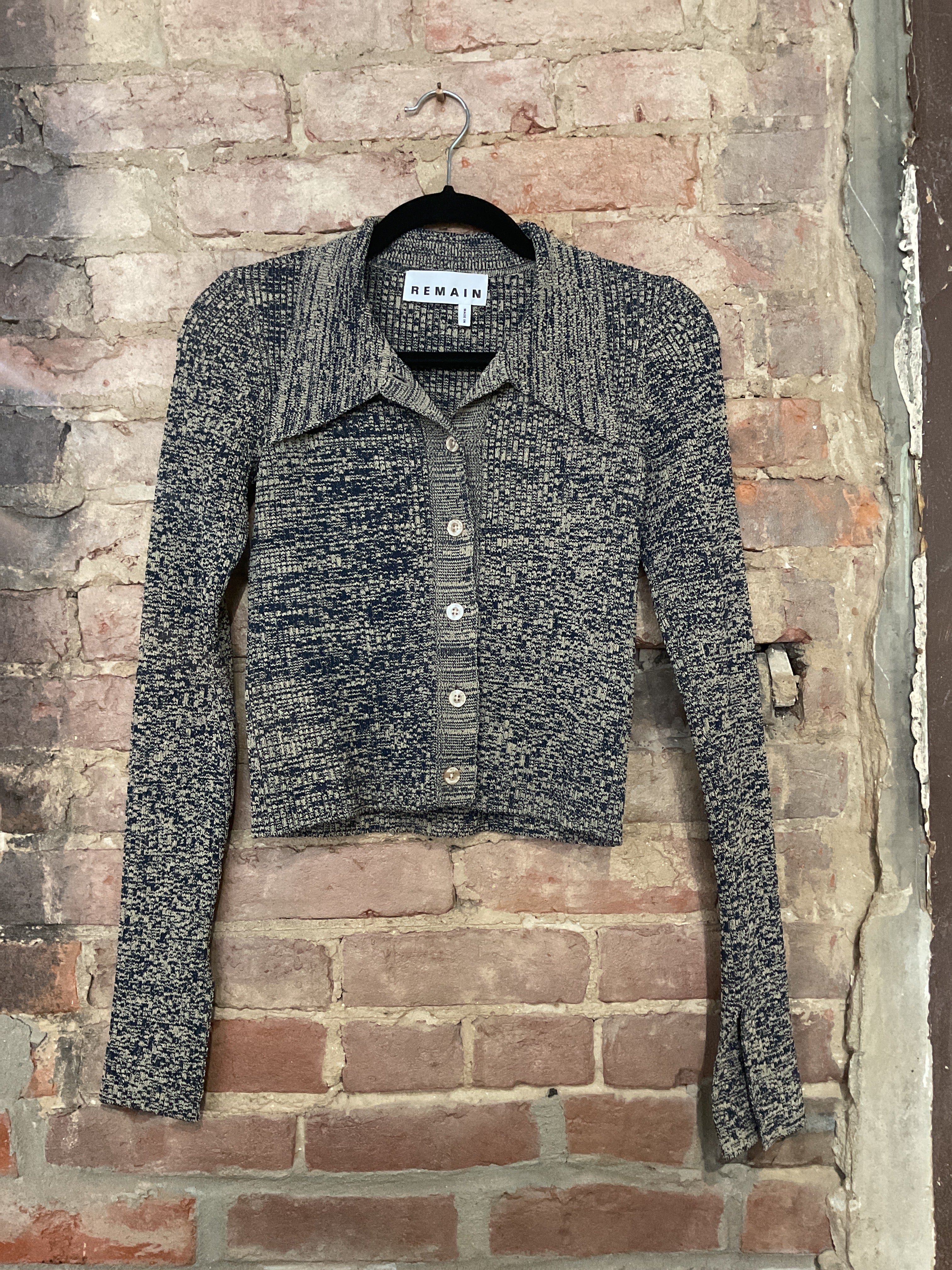 REMAIN Navy & Tan Kulia Ribbed Knit Cardigan XS
