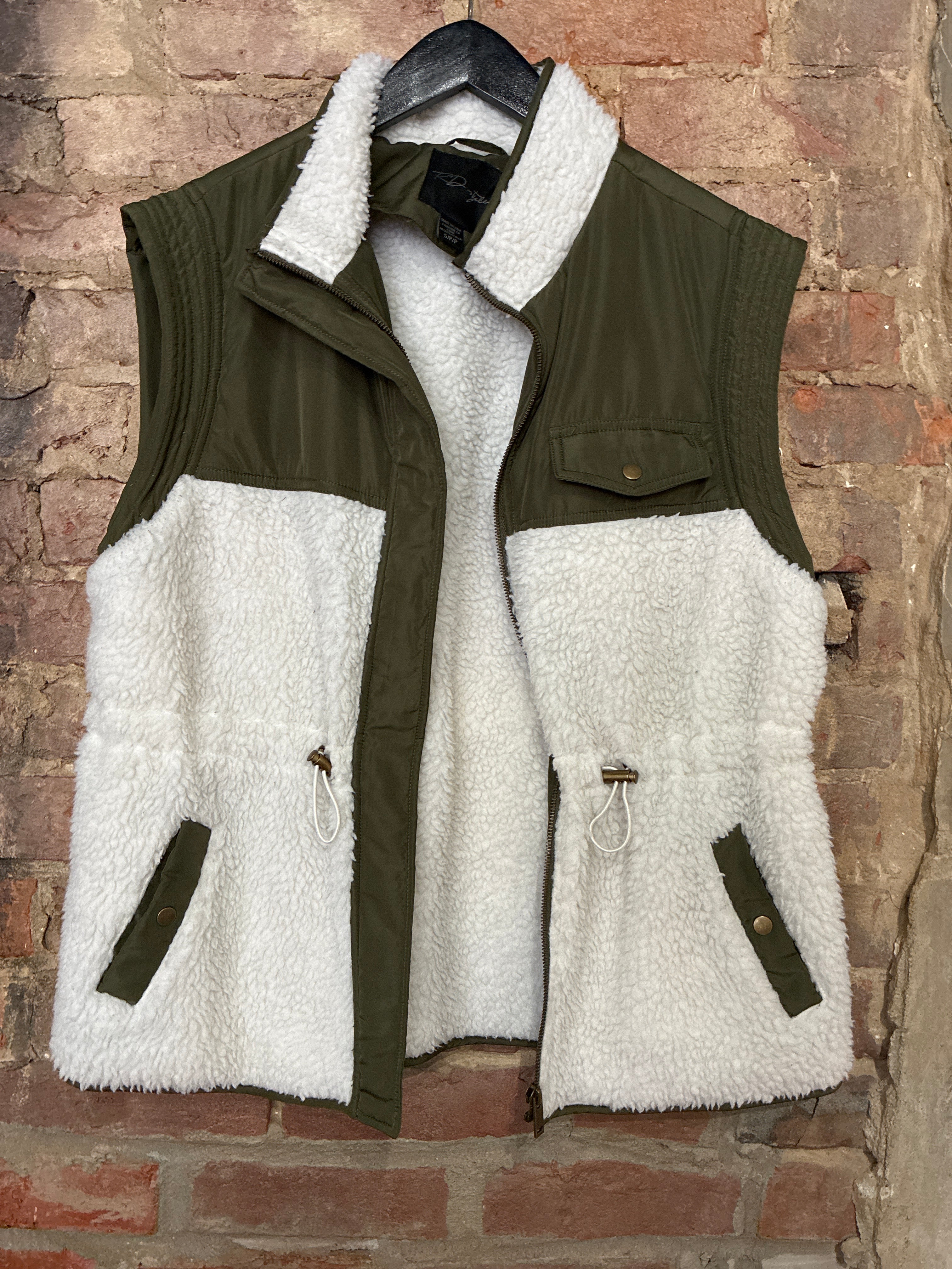 Olive Green and White Sherpa Vest
