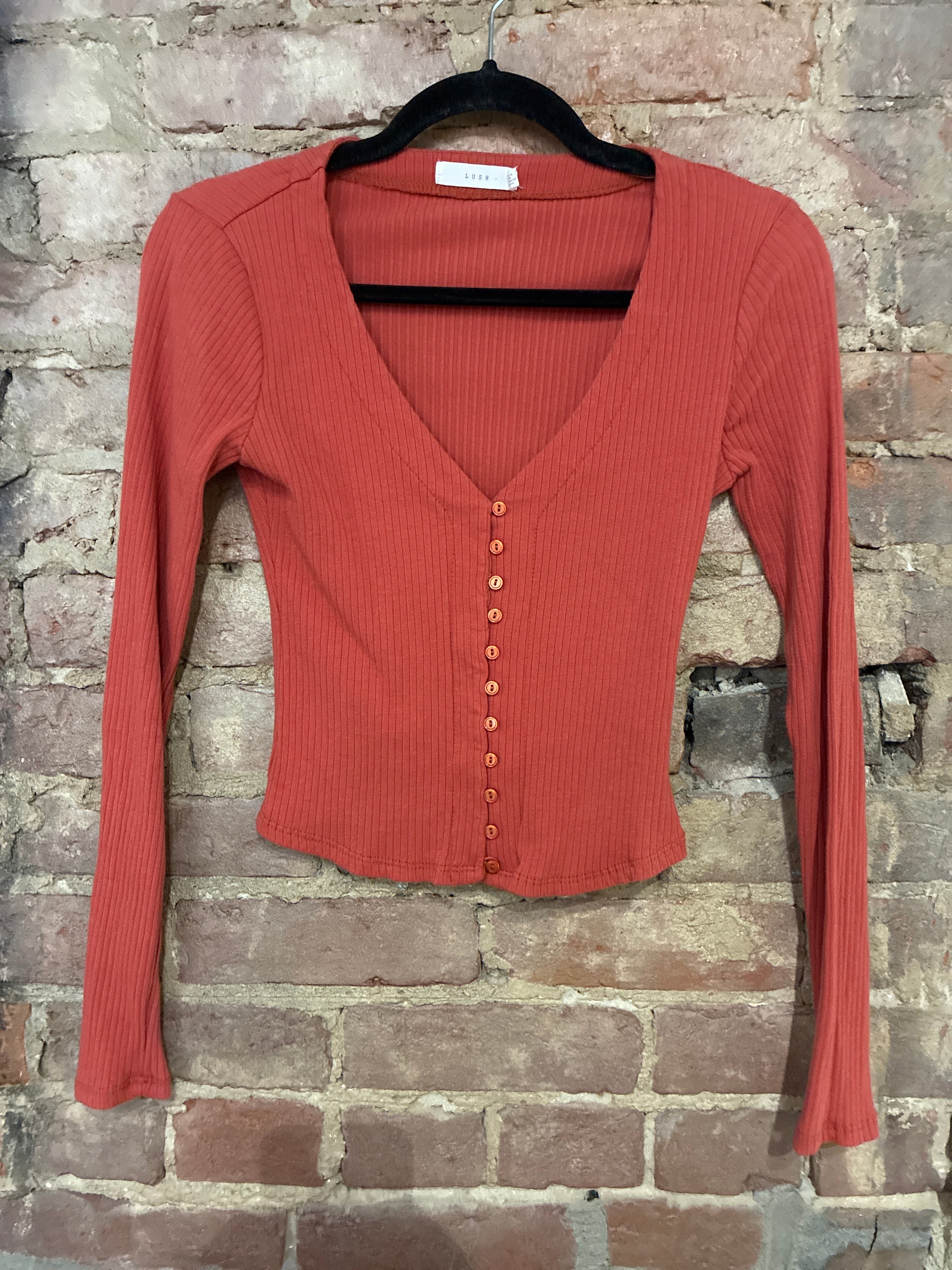 Lush Burnt Orange Ribbed Button Up