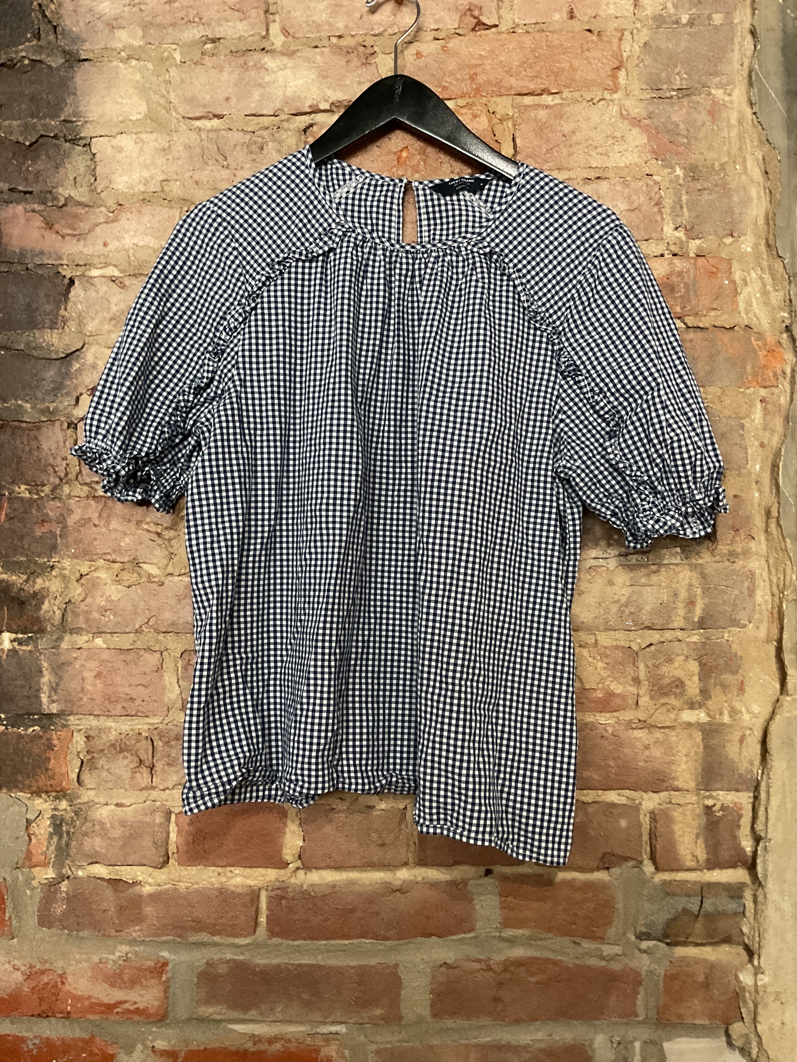 Lucky Navy Gingham Ruffle Top M
