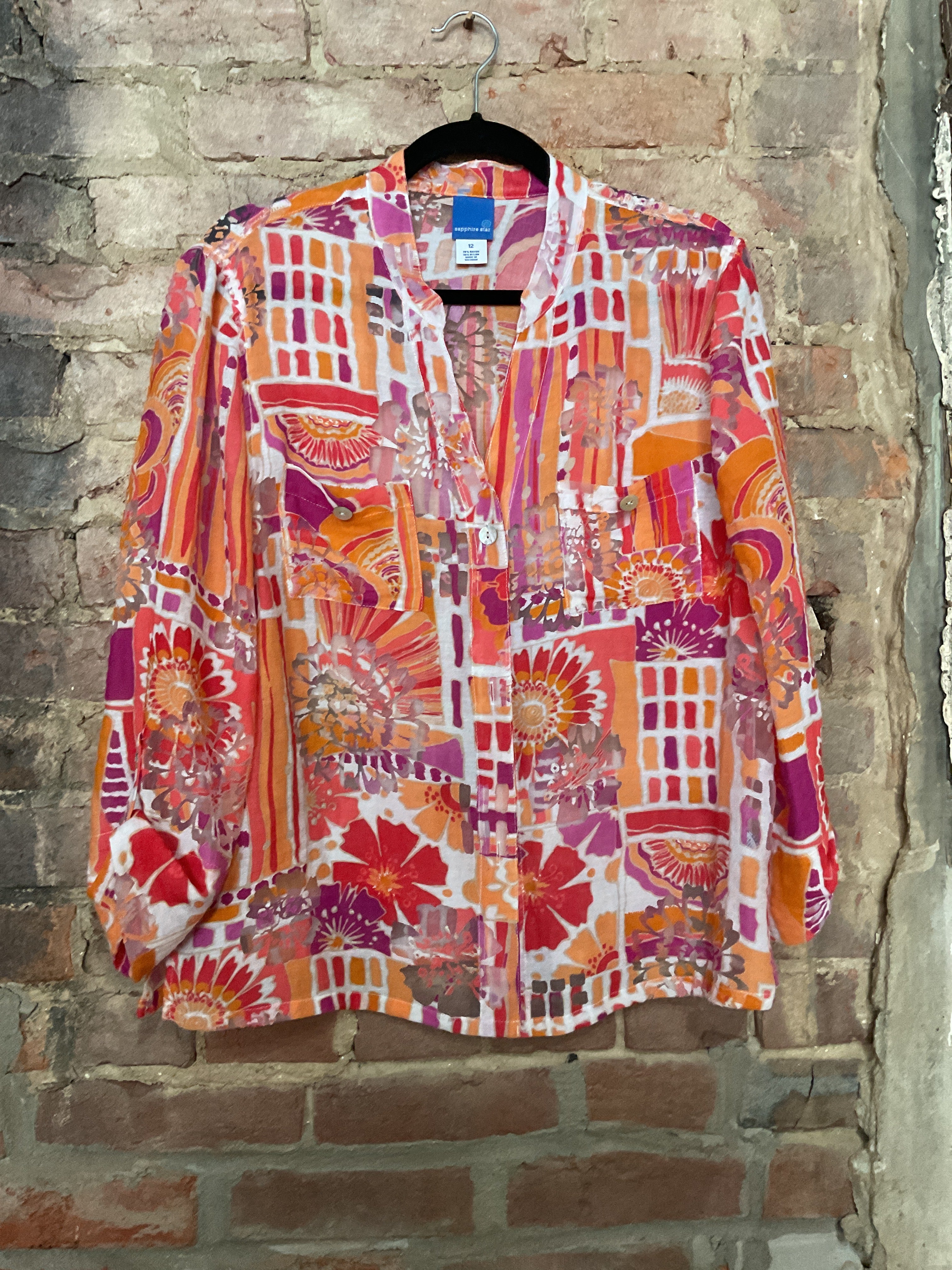 Hawaiian Floral Print Button Up L