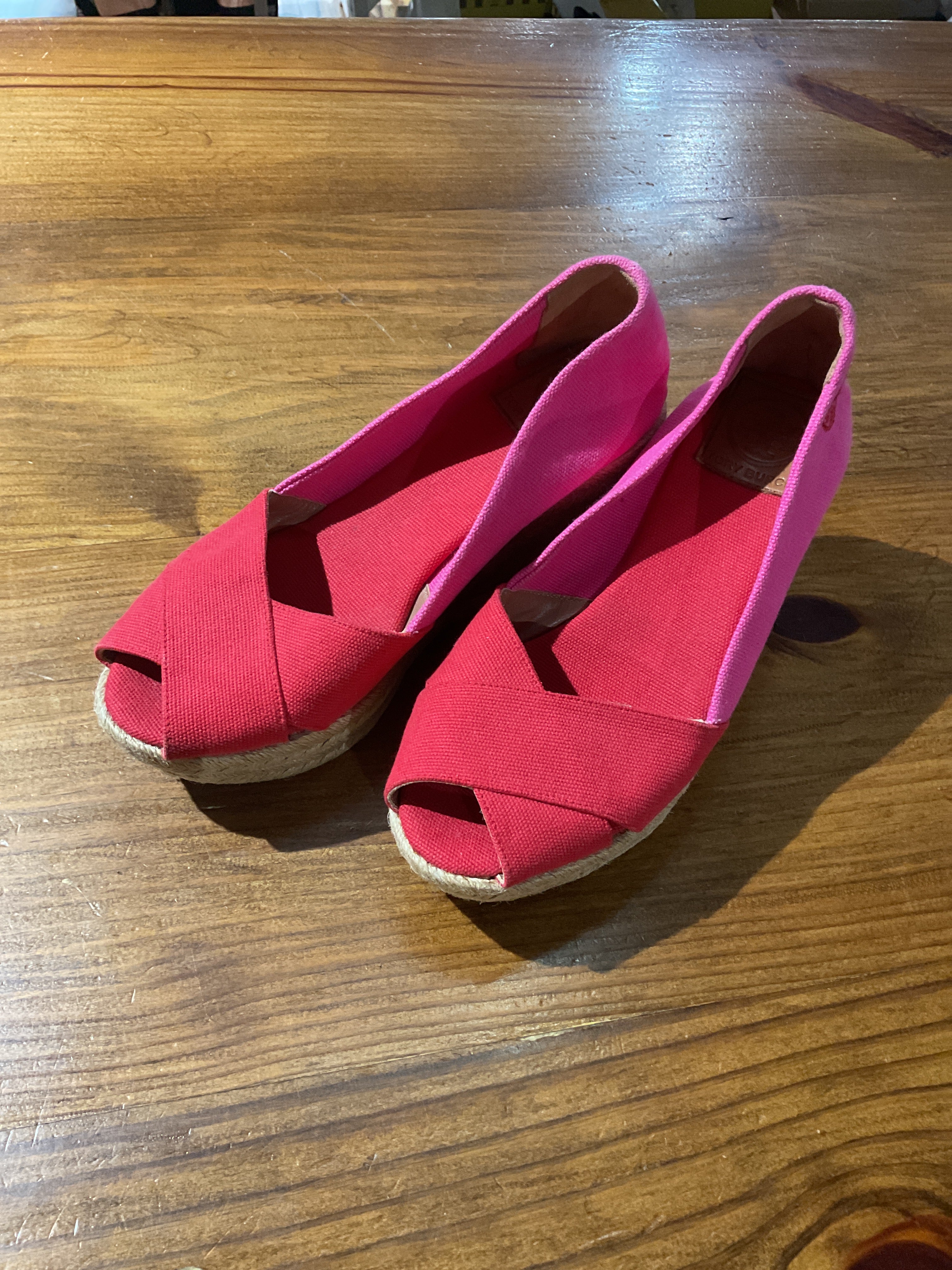 Tory Burch Colorblock Espadrille Wedge Pink Red Canvas