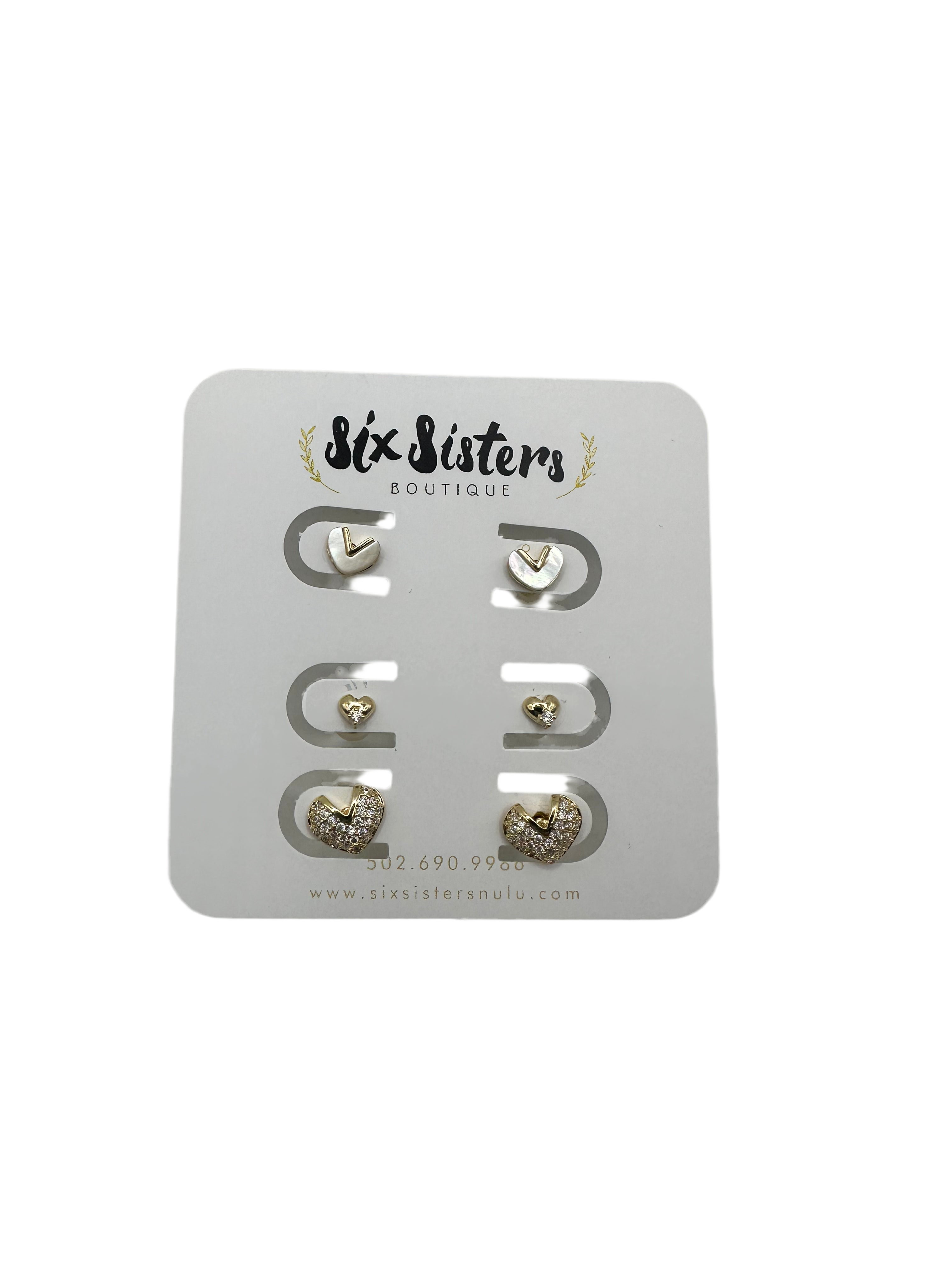 Triple Gold Heart Stud Earring Set