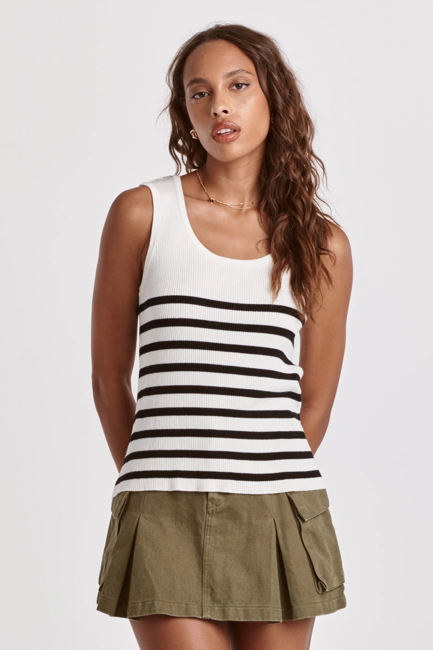 OAK SCOOP NECK TANK WHITE WITH BLACK STRIPES