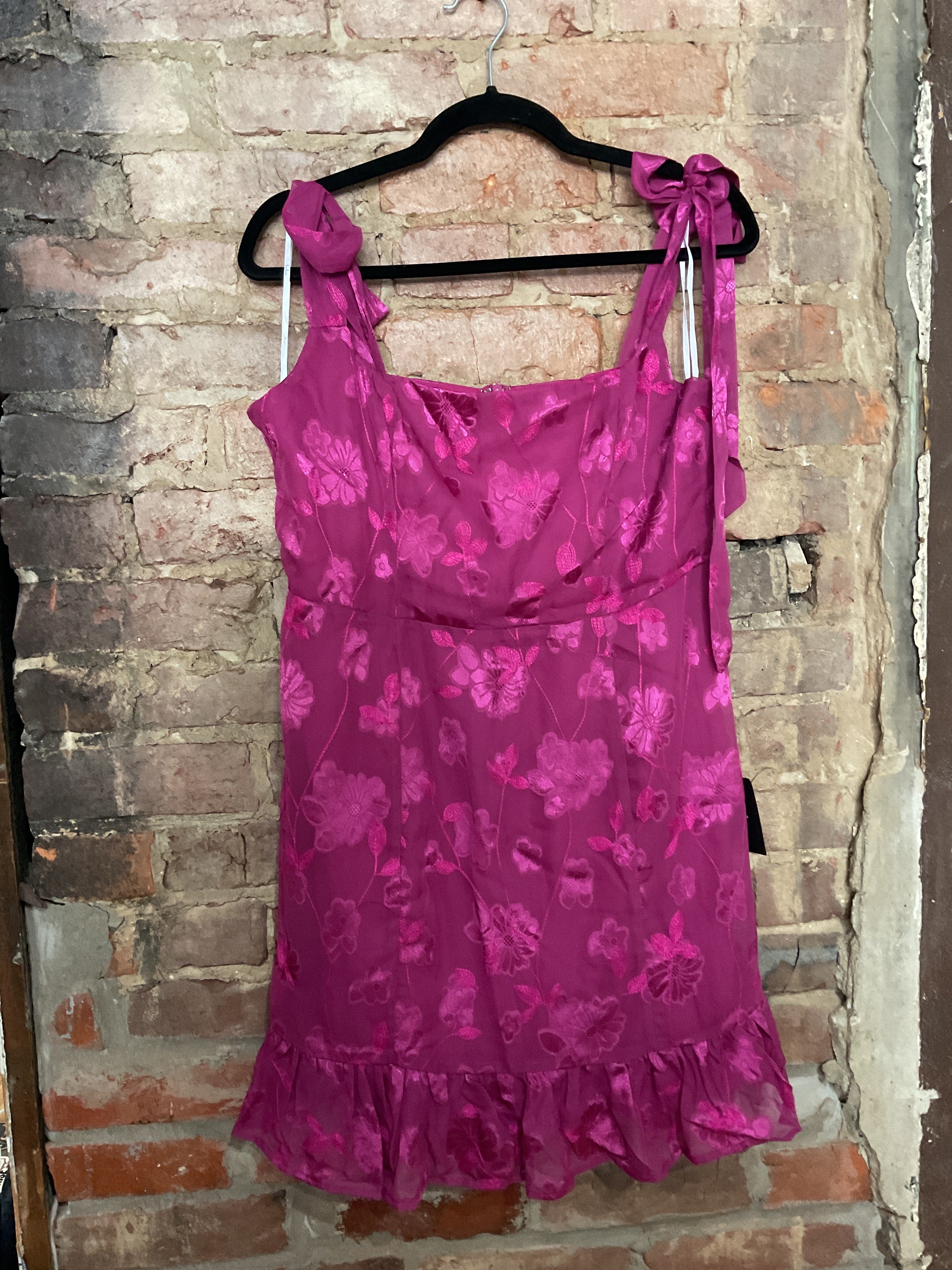 Magenta Floral Embroidered Tie-Strap Mini Dress