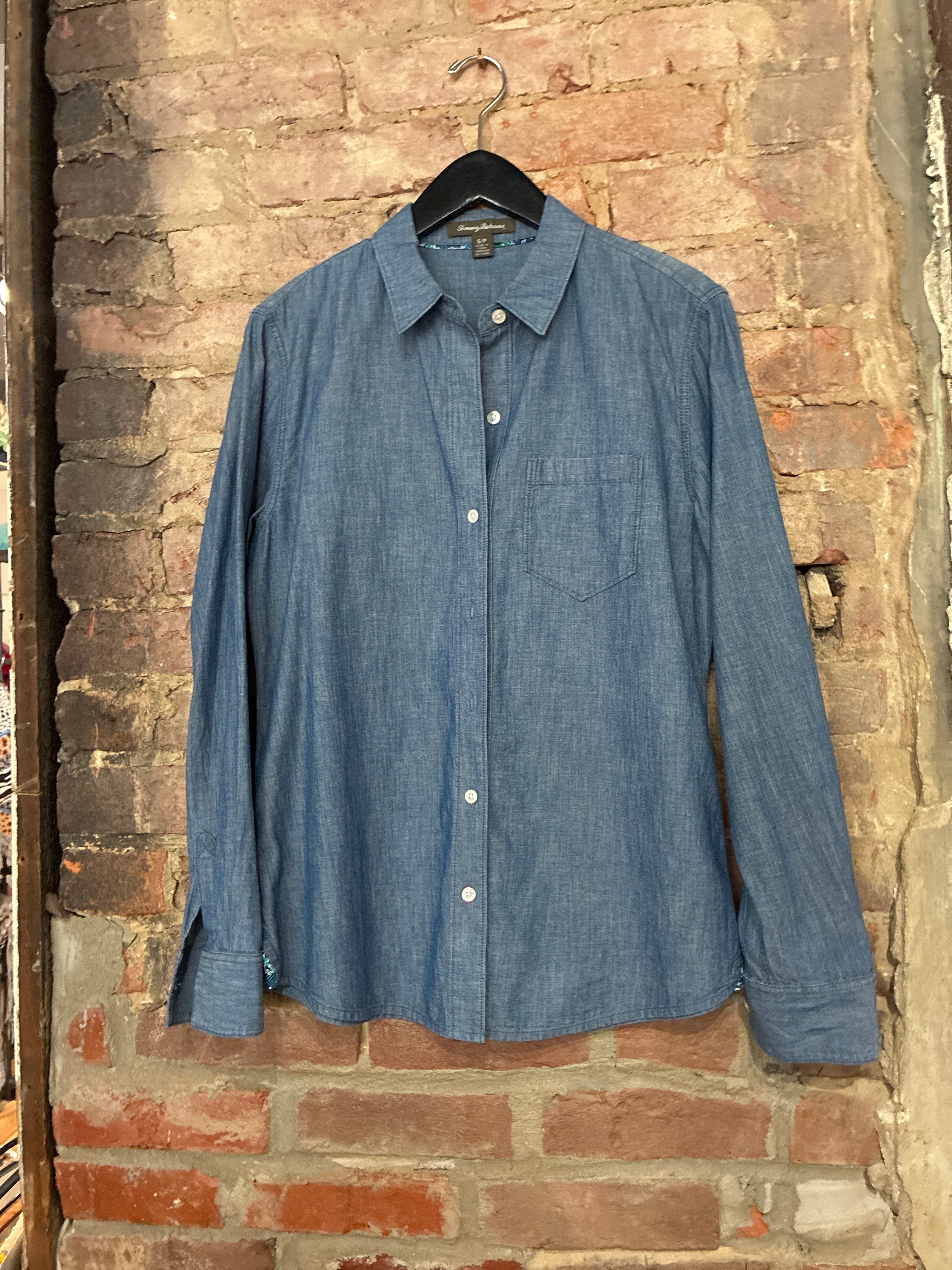 Denim Chambray Button Up w/ Embroidered Back Detail -S