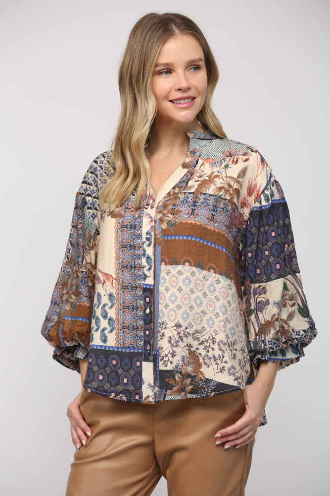 patchwork print blouse