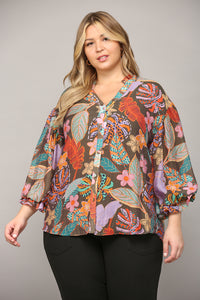 PUFF SLEEVE AND RUFFLED V-NECK FLORAL PRINT BLOUSE