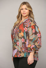 Load image into Gallery viewer, PUFF SLEEVE AND RUFFLED V-NECK FLORAL PRINT BLOUSE