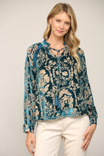 Load image into Gallery viewer, RUFFLE TRIMMED BURNOUT VELVET BLOUSE / TASSEL TIE