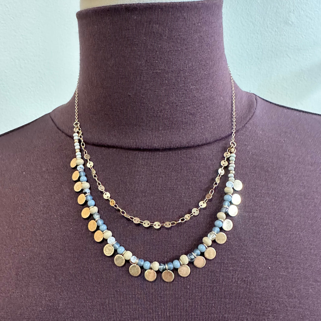 Blue and Gold Layered Beaded Necklace