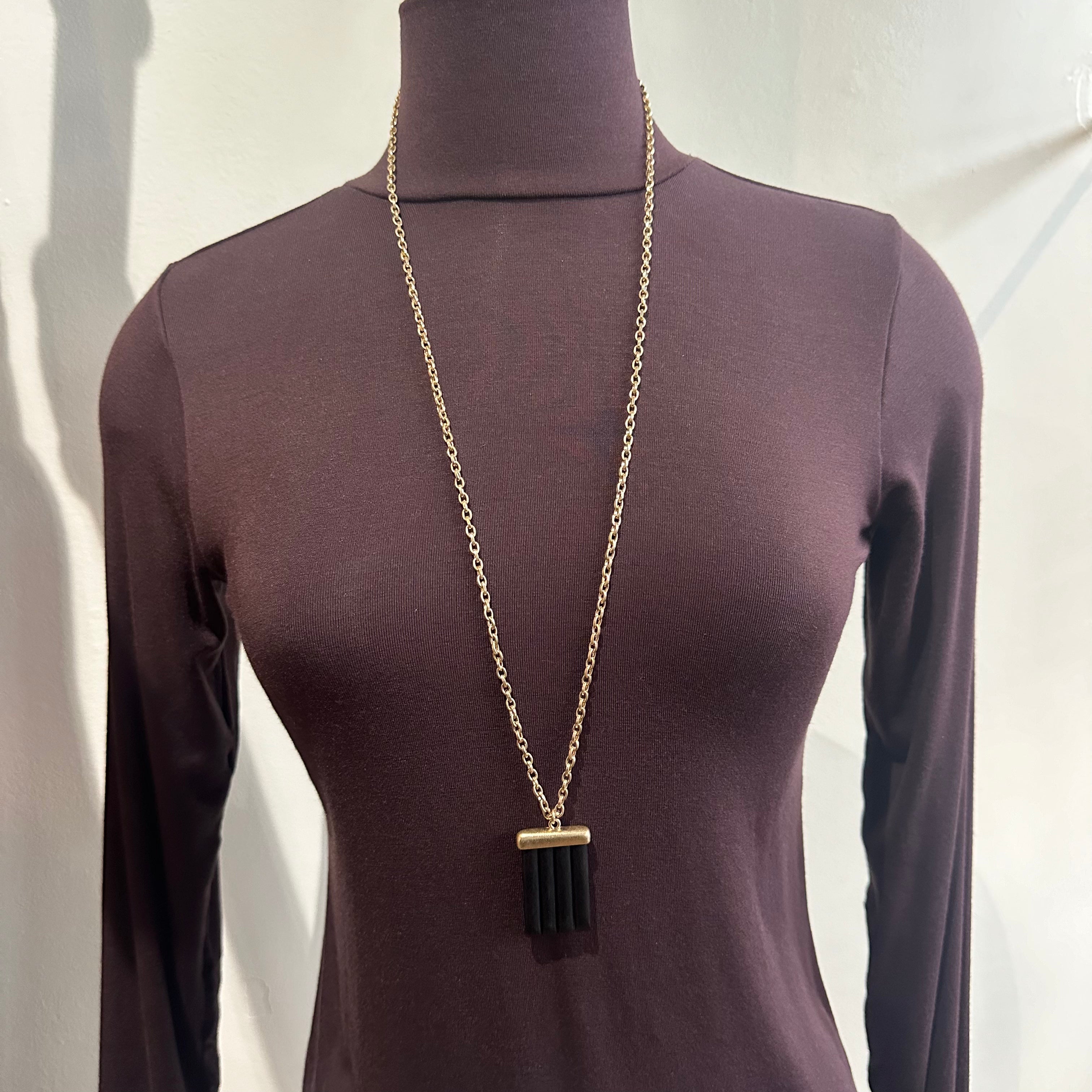 Long Gold and Black Wooden Pendent Necklace