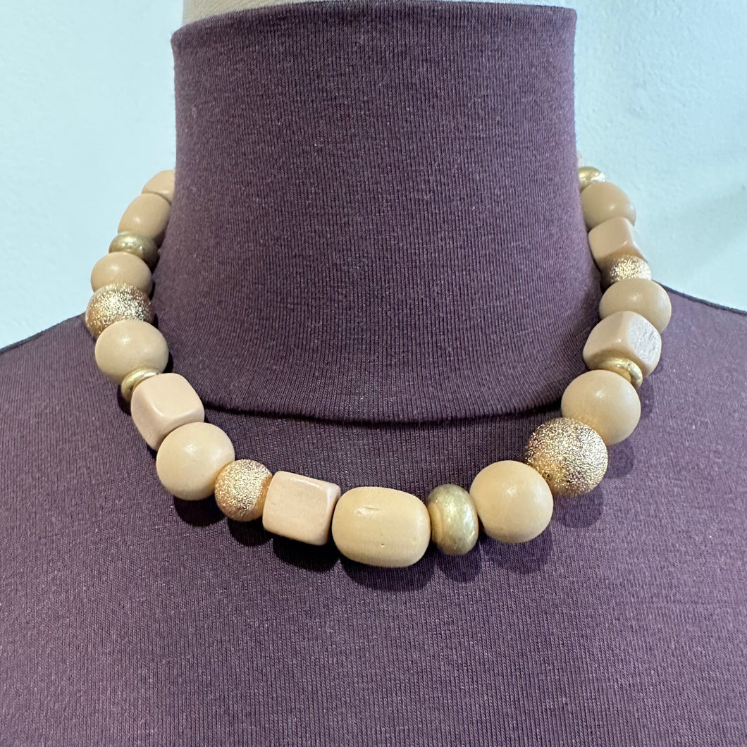 Kaki and Gold Wooden Beaded Necklace