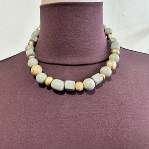 Grey and Gold Wooden Beaded Necklace
