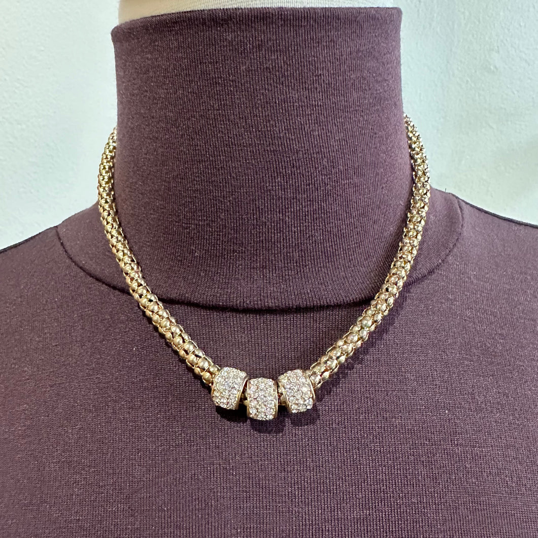 Gold Popcorn Chainlink and Rhinestone Necklace