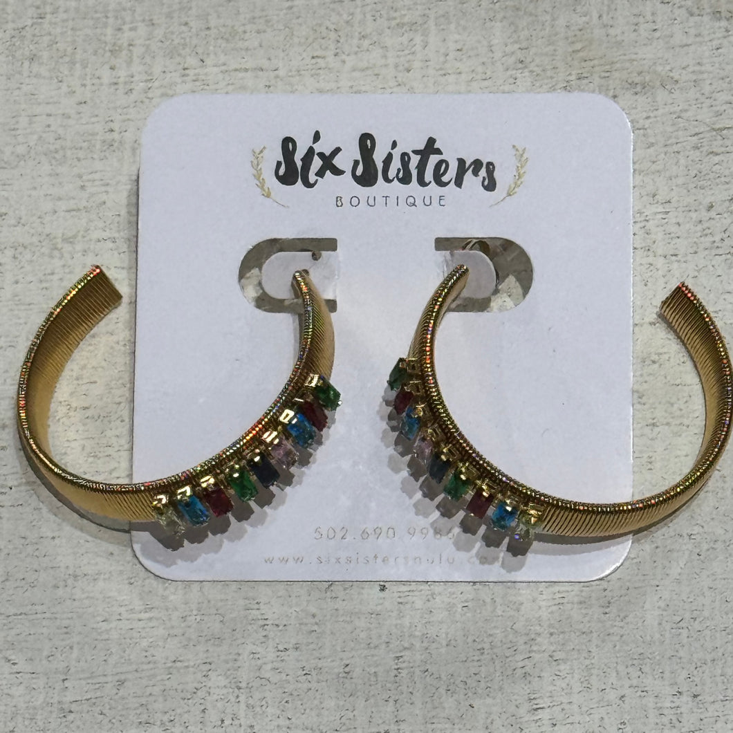 Colorful Rhinestone & Gold Hoop Earrings