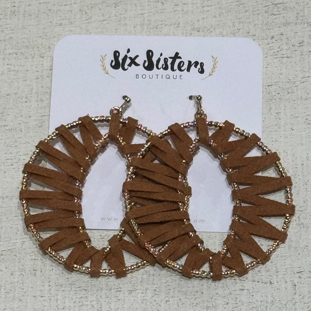 Brown Suede and Gold Circle Earrings