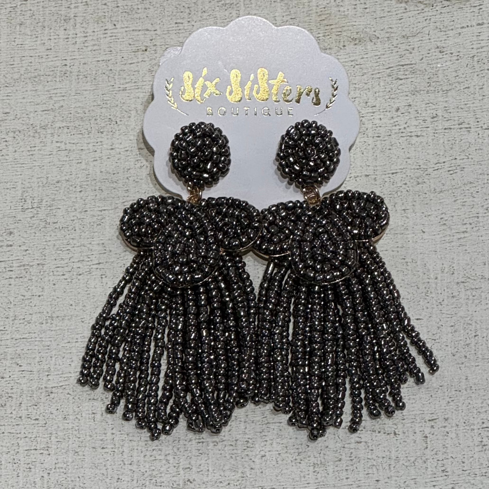 Gun Metal Beaded Tassel Earrings